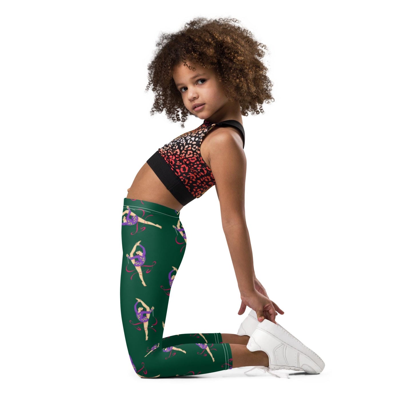 Legging pour petite fille – Vert Sapin – Doux, extensible, toutes saisons – Motif Gymnaste Danseuse