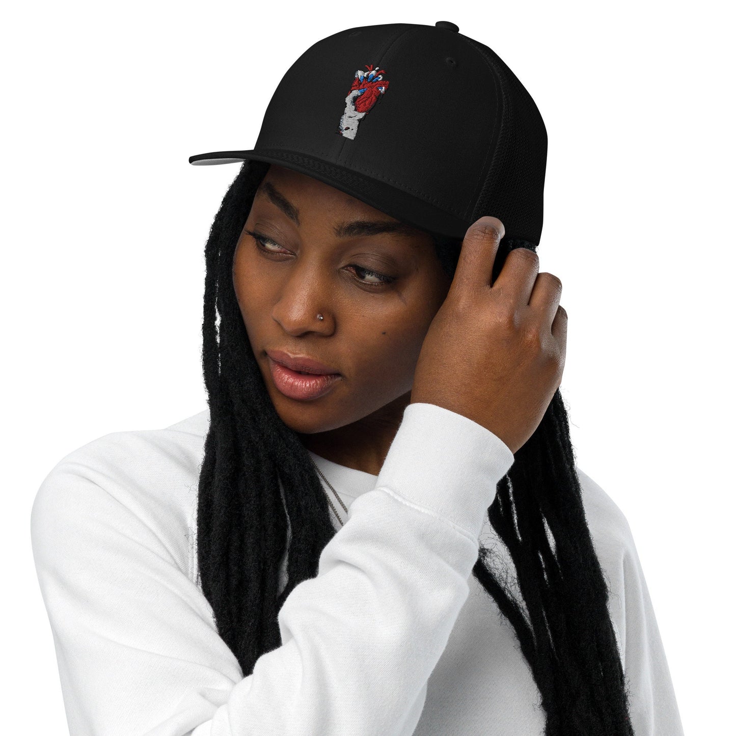Casquette noire avec dos en maille et motif brodé - snapback non ajustable - unisexe - streetwear, accessoire mode, cadeau, été comme hiver