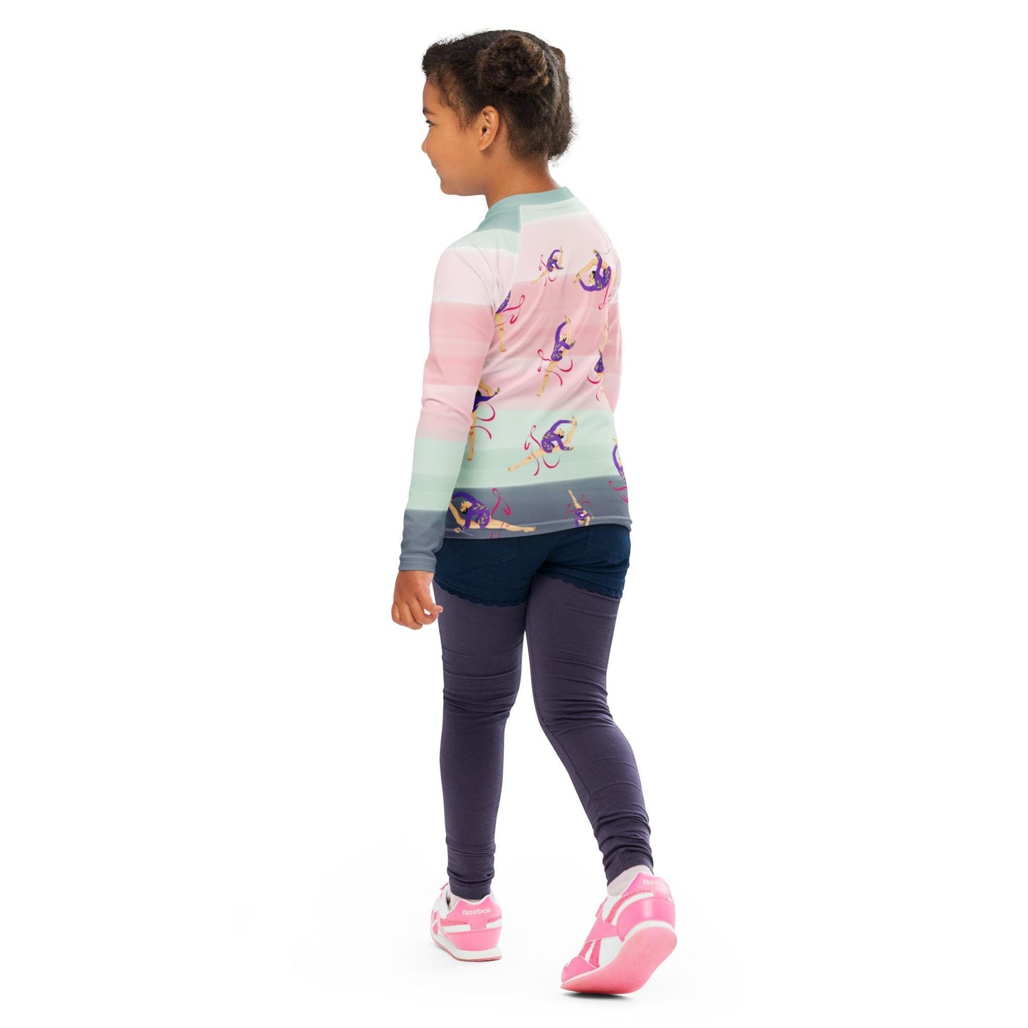 Rash guard pour petite fille – Dégradé Rose Kaki – Compression légère, séchage rapide – Motif Gymnaste Danseuse