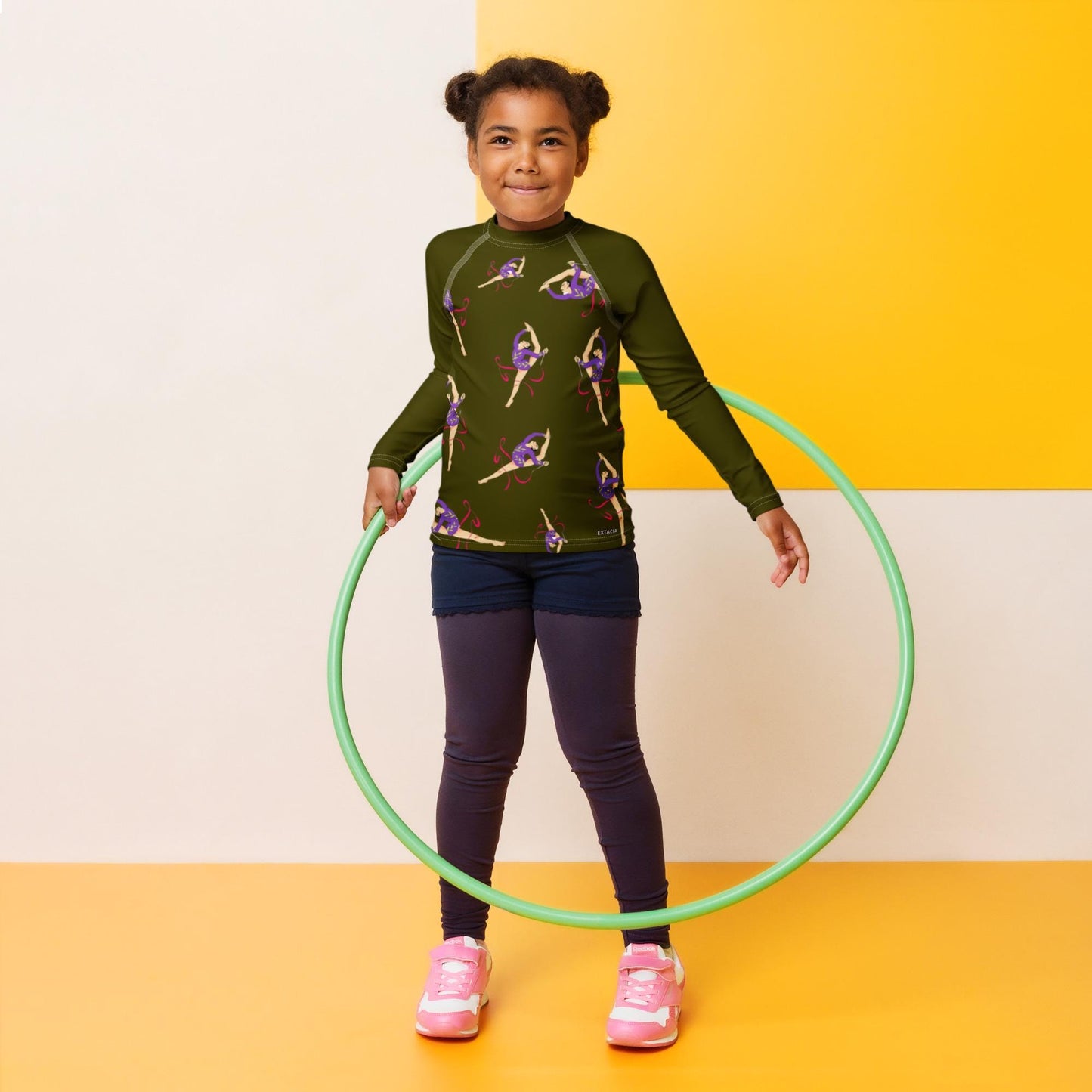 Rash guard pour petite fille – Vert Militaire – Compression légère, séchage rapide – Motif Gymnaste Danseuse