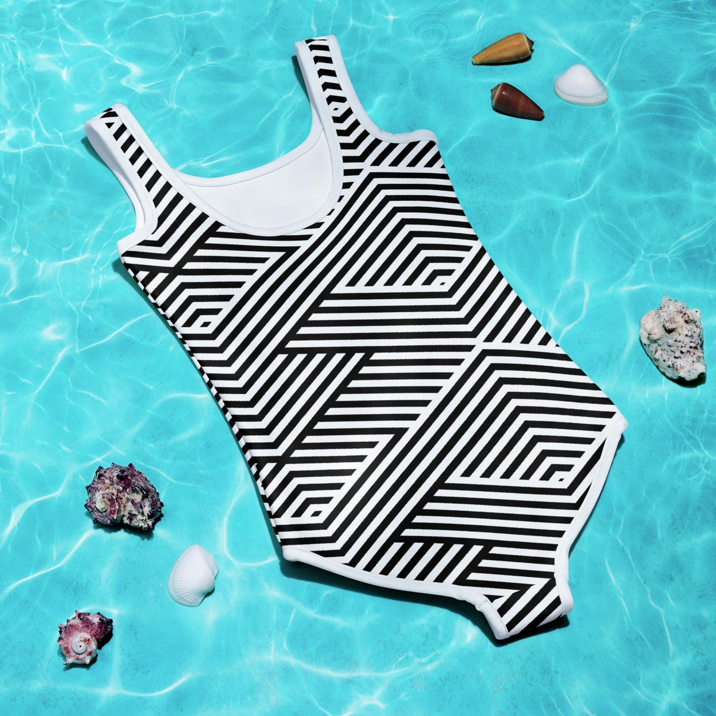Maillot de bain 1 pièce pour petite fille – Blanc & Noir – Confort, maintien & séchage rapide – Graphique