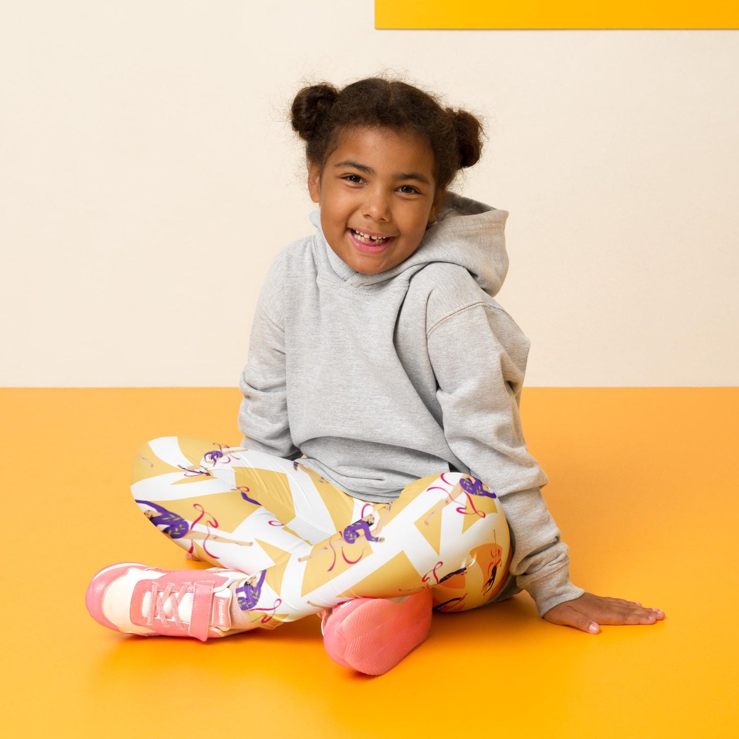 Legging pour petite fille – Blanc & Jaune – Doux, extensible, toutes saisons – Motif Gymnaste Danseuse