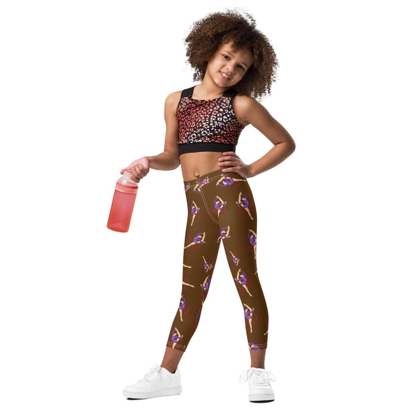 Legging pour petite fille – Marron – Doux, extensible, toutes saisons – Motif Gymnaste Danseuse