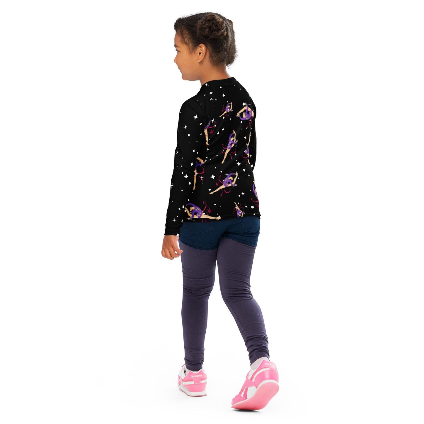 Rash guard pour petite fille – Noir Etoilé – Compression légère, séchage rapide – Motif Gymnaste Danseuse