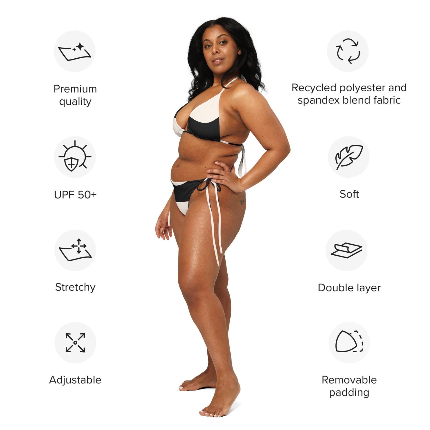 Bikini recyclé pour femme - Beige et Noir – Deux pièces, éco-responsable, confortable séchage rapide