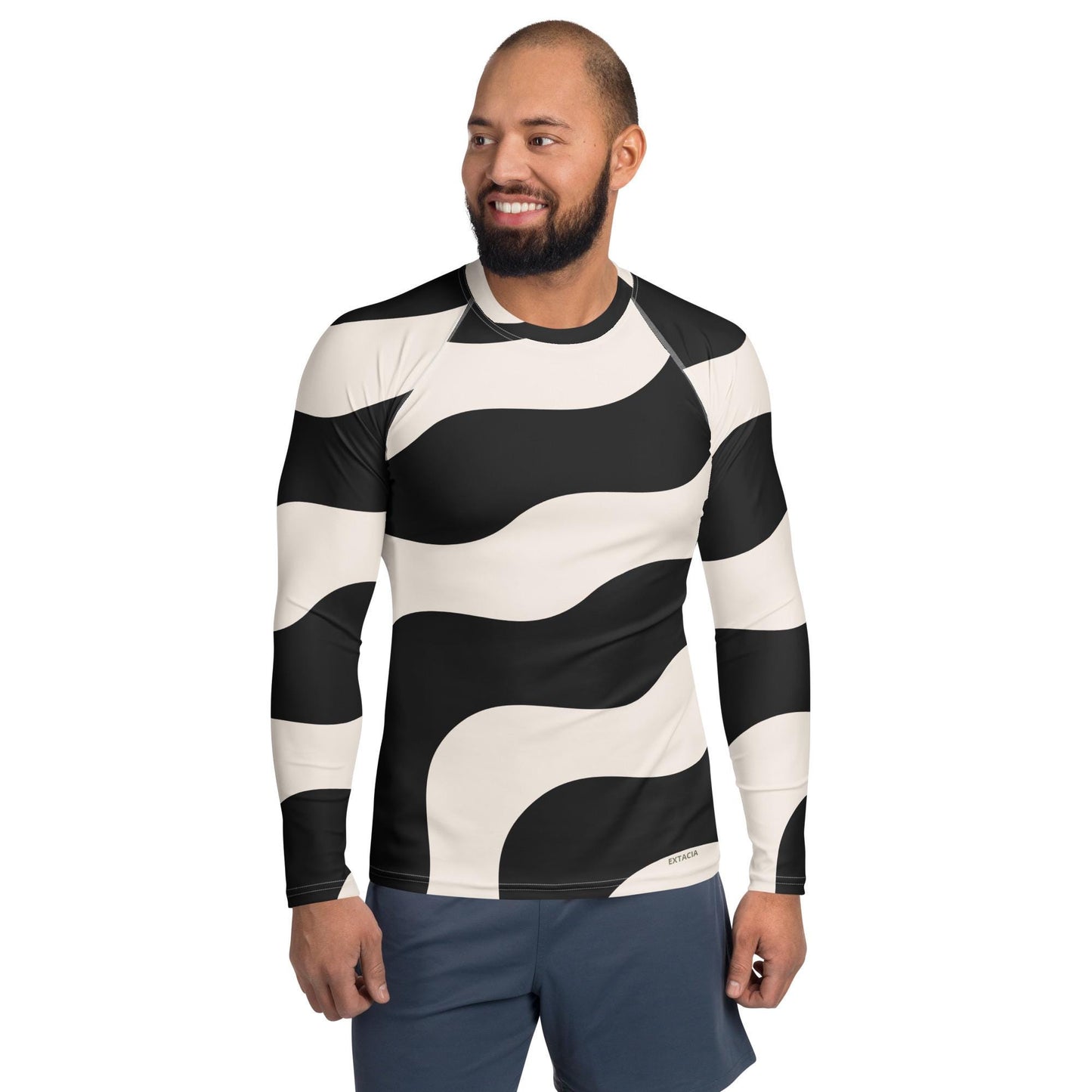 Rash guard pour homme – Beige & Noir – col rond, manches longues – Polyester recyclé, anti-UV & séchage rapide