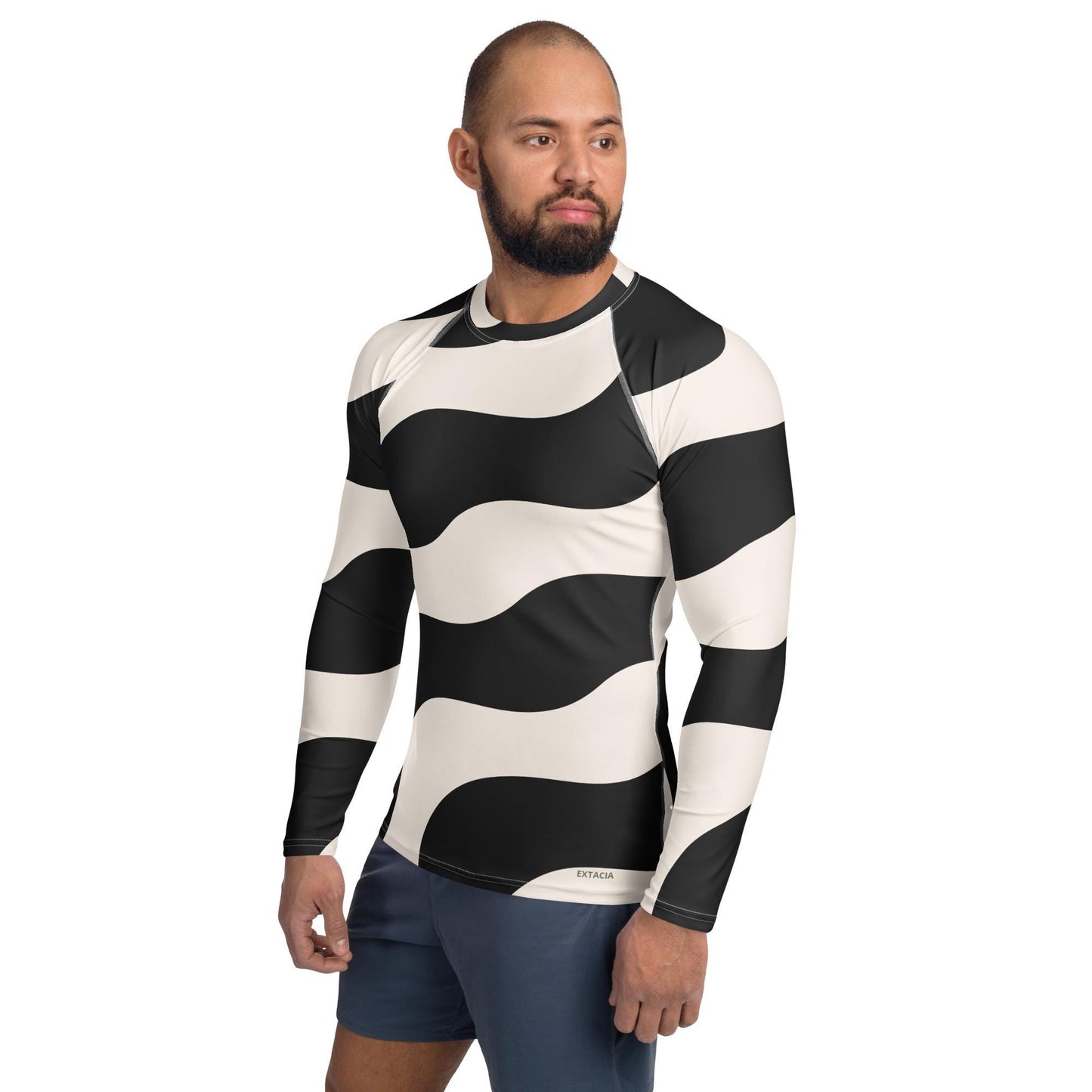 Rash guard pour homme – Beige & Noir – col rond, manches longues – Polyester recyclé, anti-UV & séchage rapide