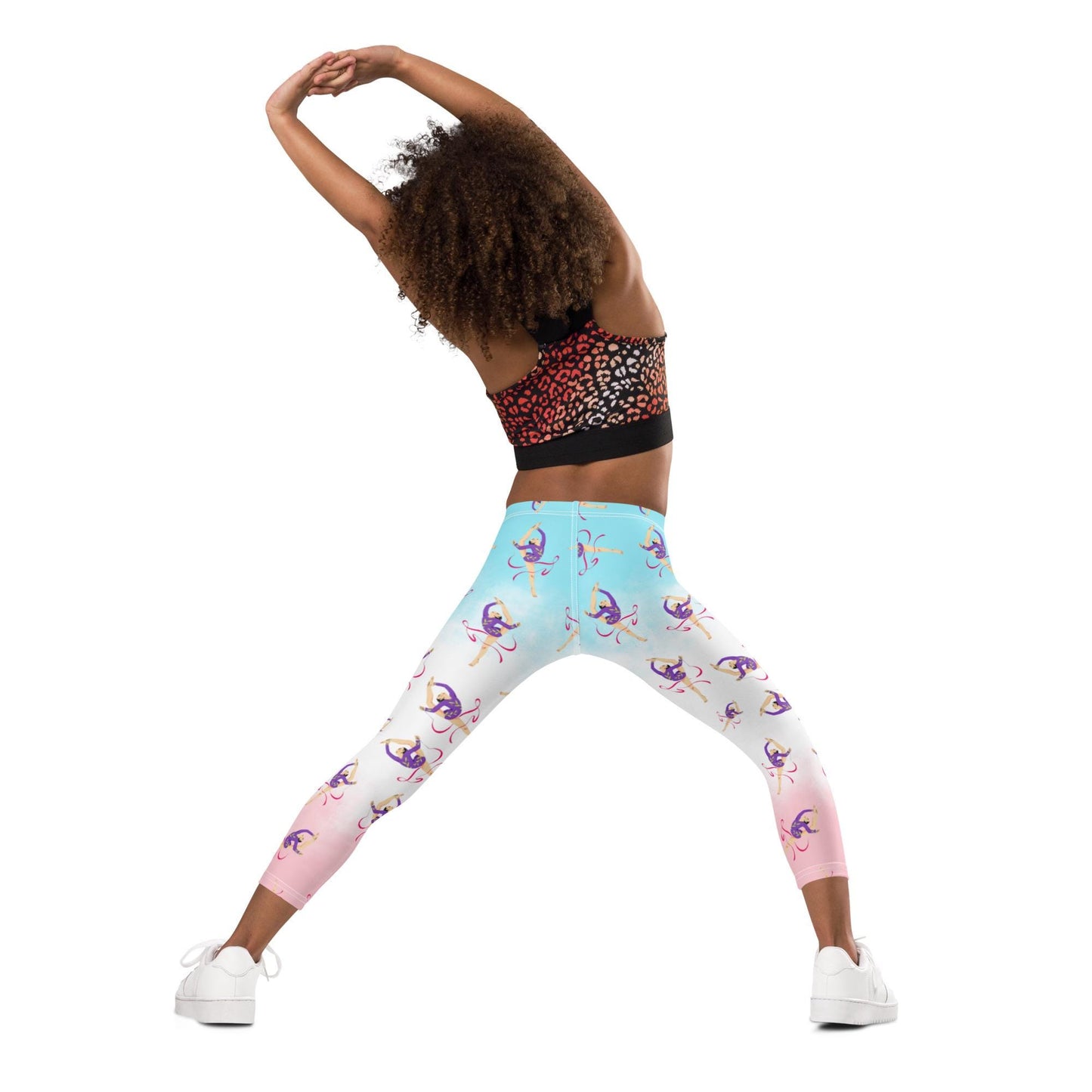 Legging pour petite fille – Dégradé Bleu, Blanc, Rosé – Doux, extensible, toutes saisons – Motif Gymnaste Danseuse