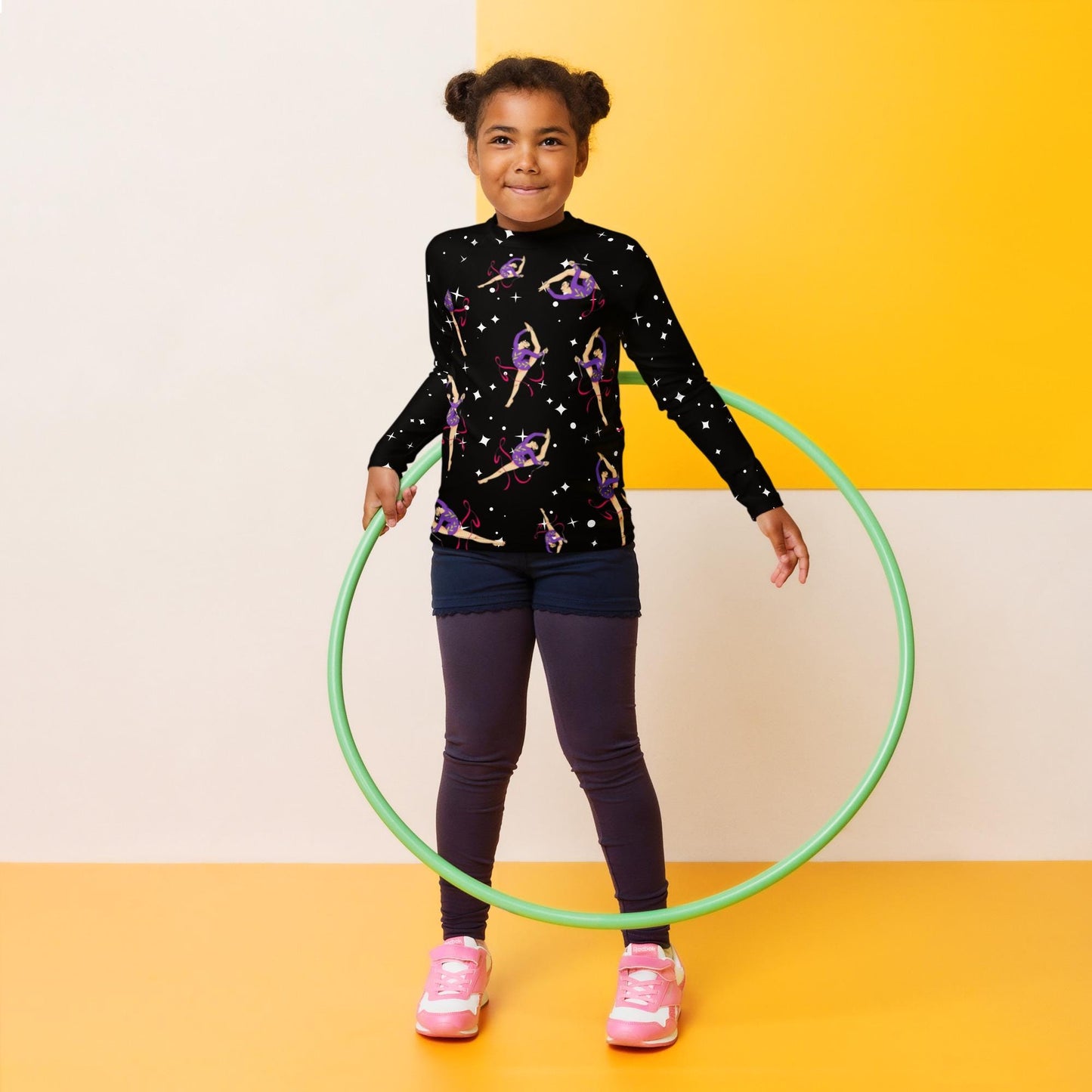Rash guard pour petite fille – Noir Etoilé – Compression légère, séchage rapide – Motif Gymnaste Danseuse