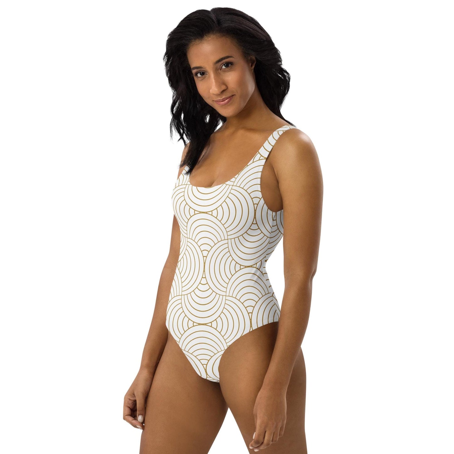 Maillot de bain 1 pièce pour femme – Blanc & Or – Confort, maintien & séchage rapide – Graphique