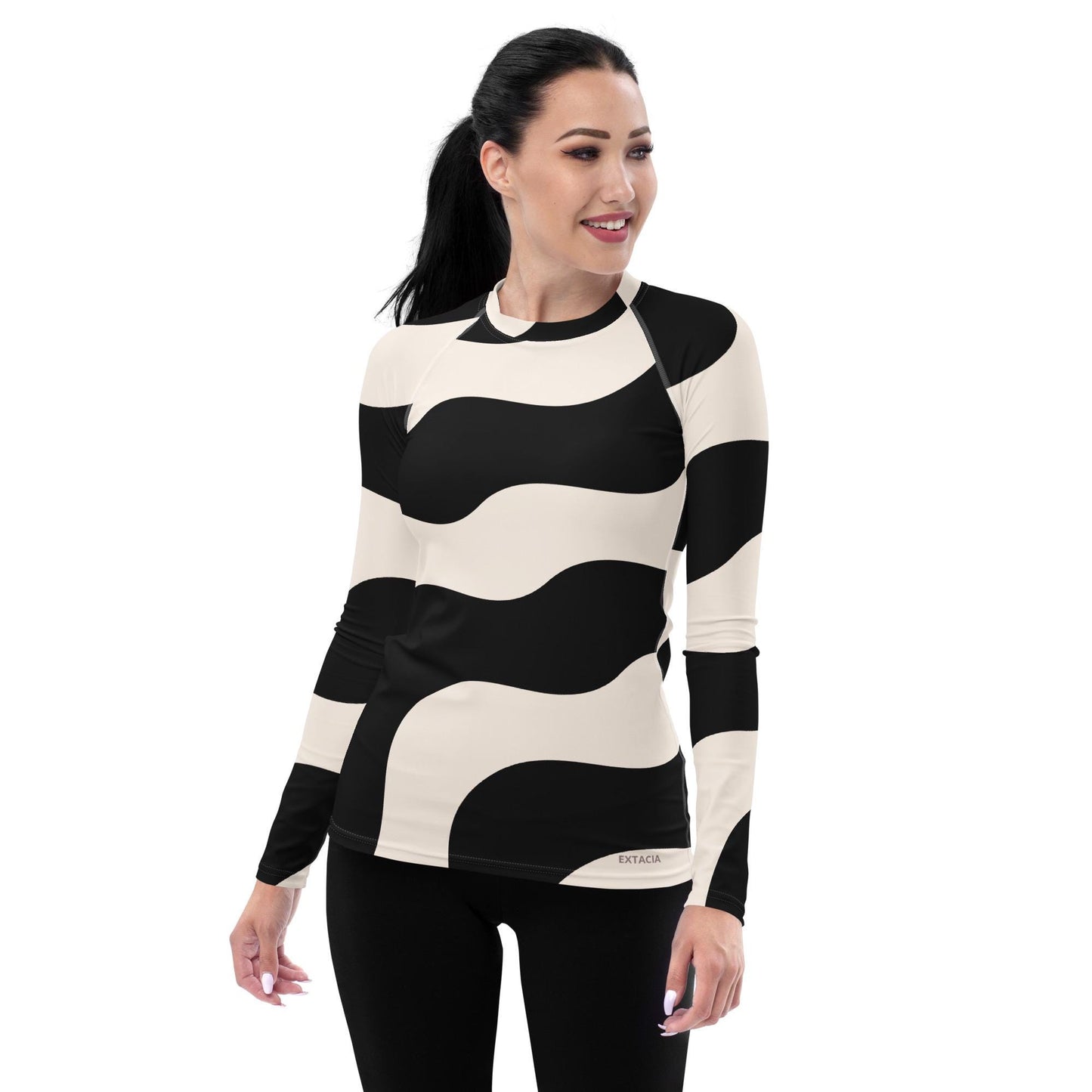 Rash guard pour femme – Beige & Noir – Anti-UV*, séchage rapide, respirant – Graphique Minimaliste