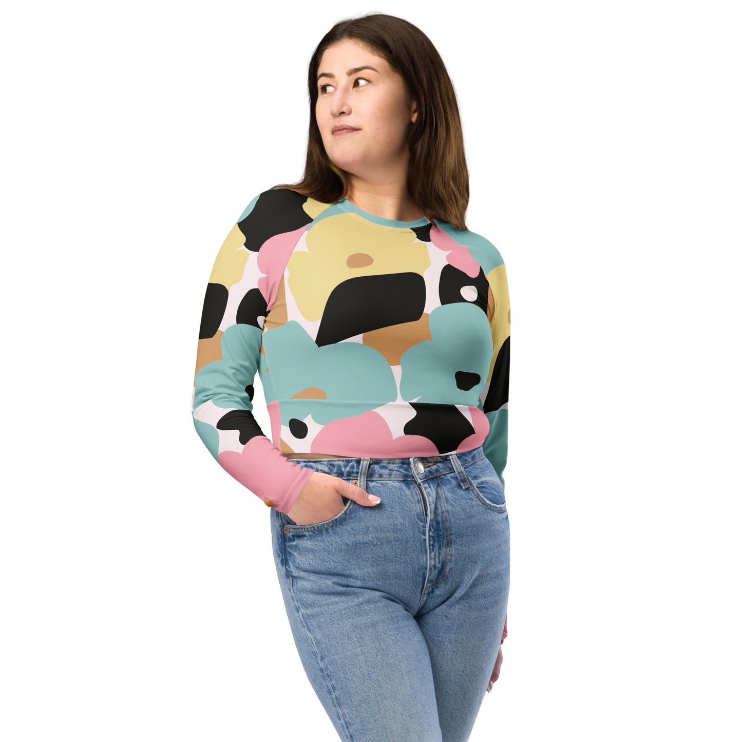 Crop top manches longues pour femme – Fleuri, Pastel – Polyester recyclé, haut court éco-responsable & confortable