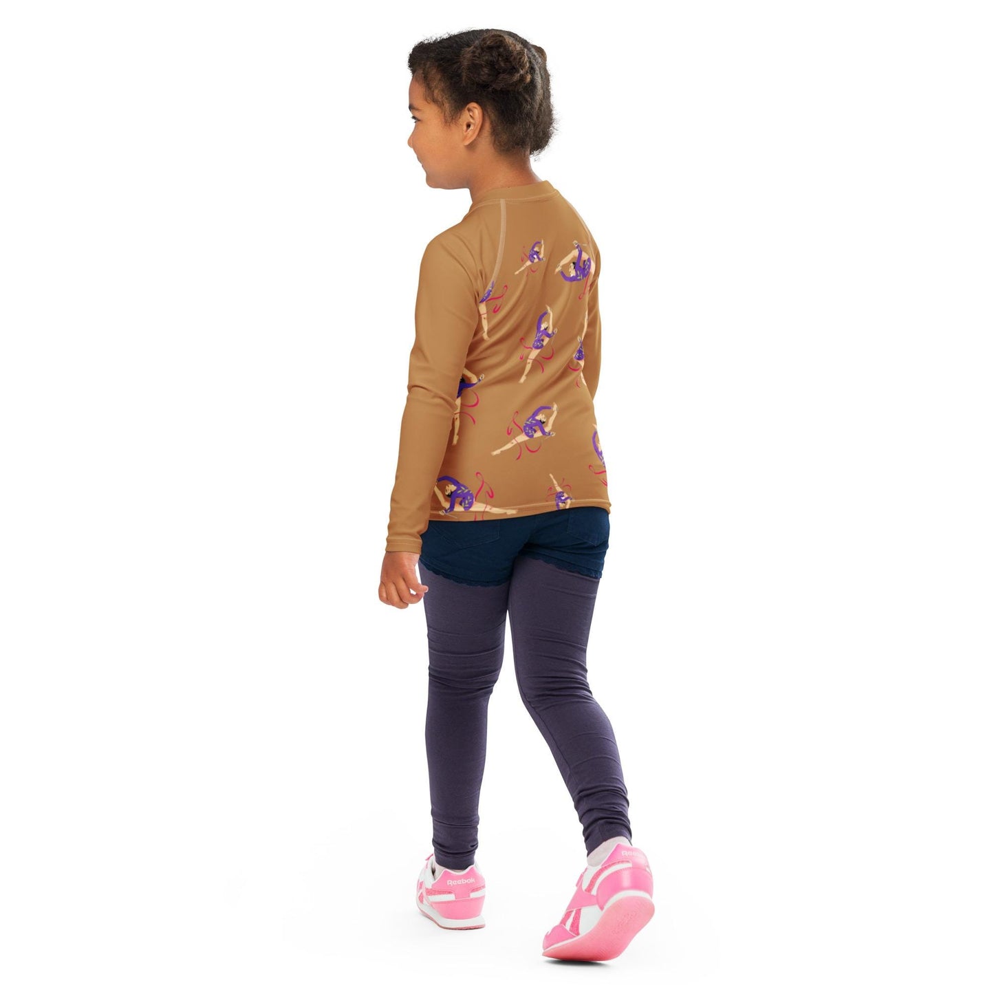 Rash guard pour petite fille – Camel – Compression légère, séchage rapide – Motif Gymnaste Danseuse