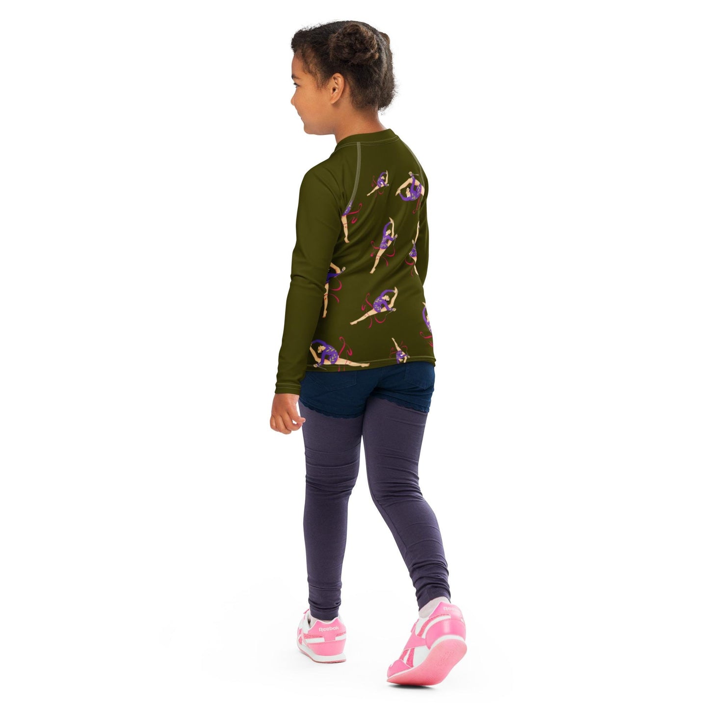 Rash guard pour petite fille – Vert Militaire – Compression légère, séchage rapide – Motif Gymnaste Danseuse