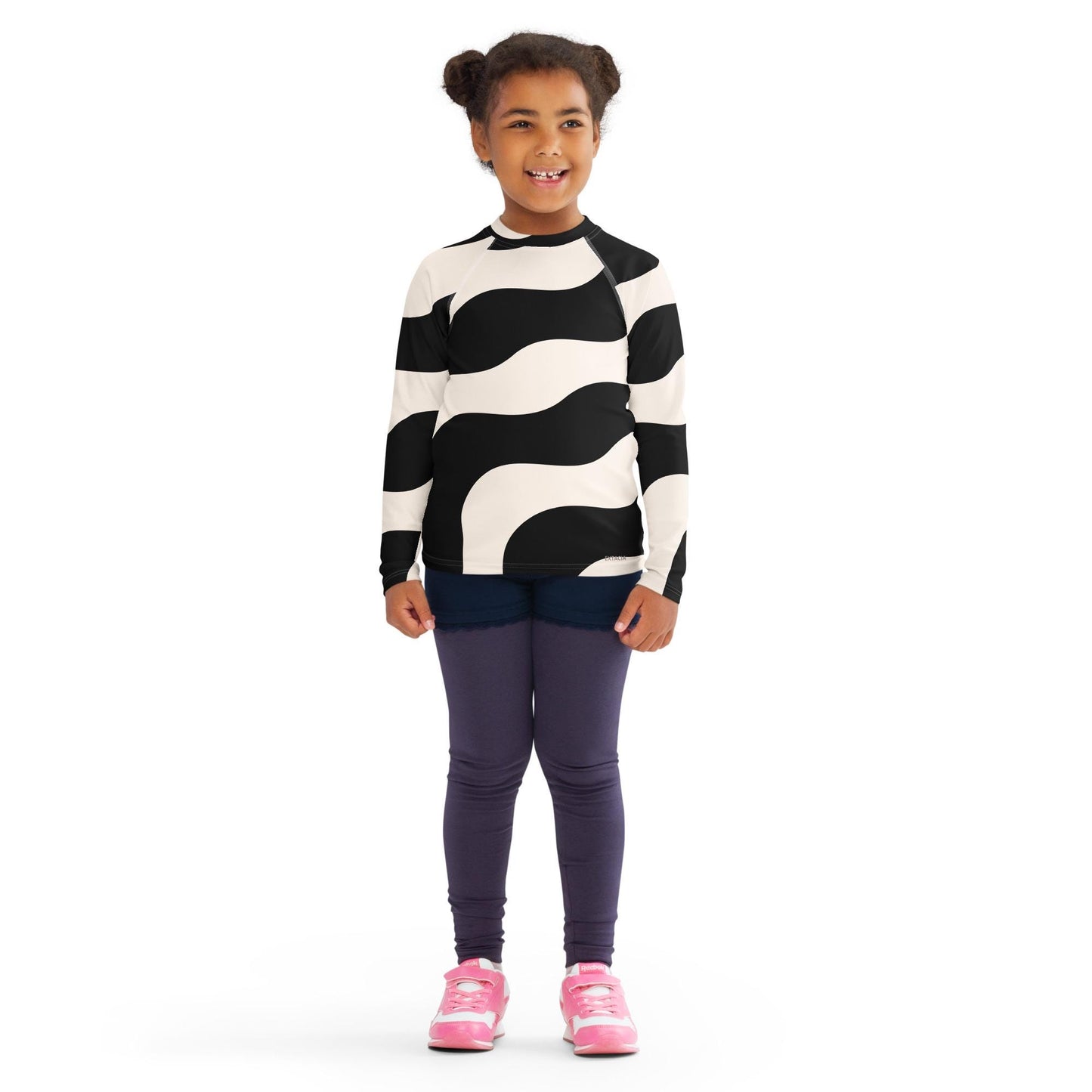 Rash guard pour petite fille – Beige & Noir – Compression légère, séchage rapide – Graphique