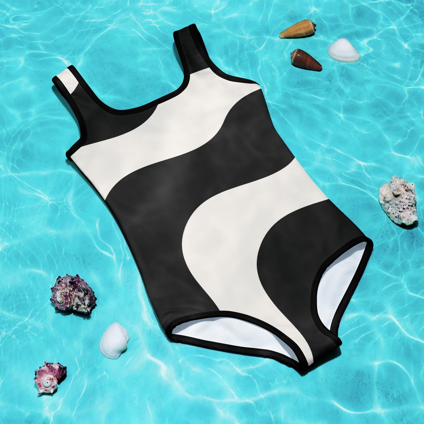 Maillot de bain 1 pièce pour petite fille – Beige & Noir – Confort, maintien & séchage rapide – Graphique