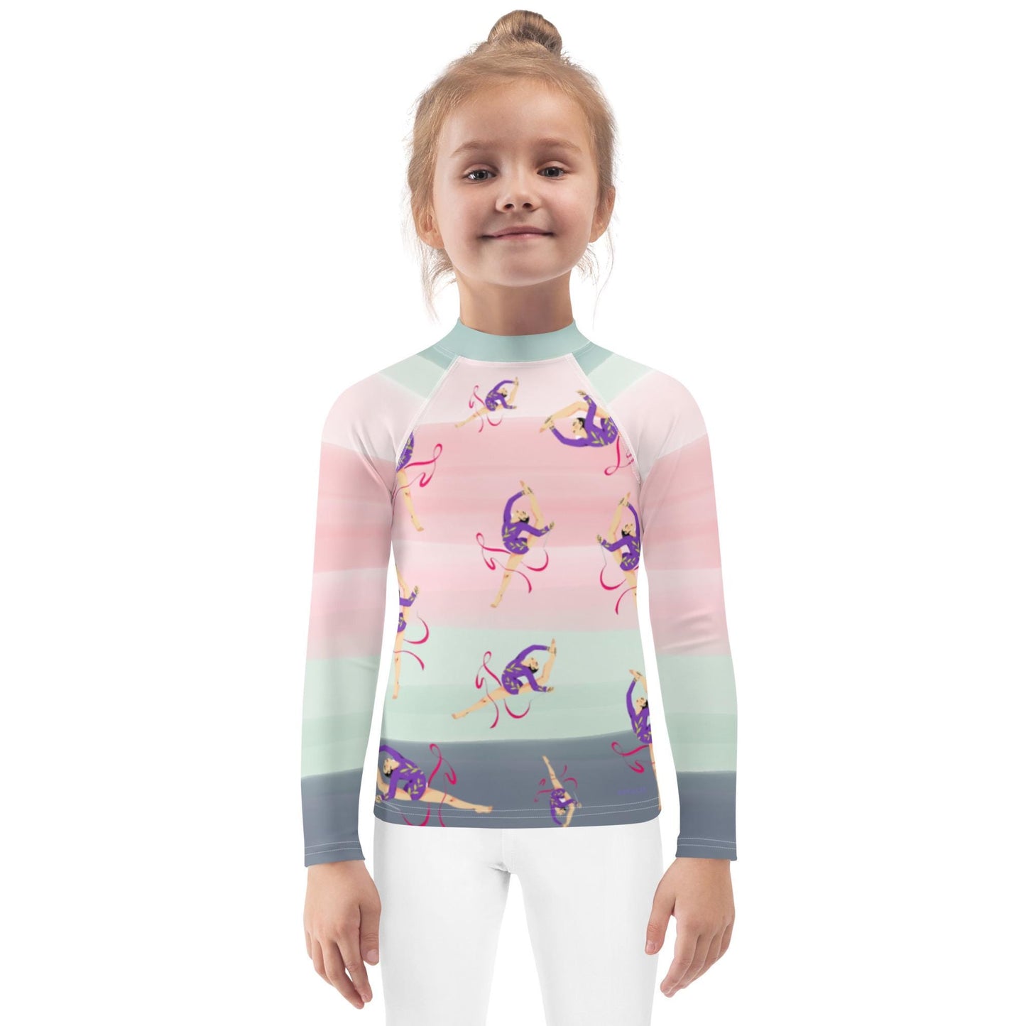 Rash guard pour petite fille – Dégradé Rose Kaki – Compression légère, séchage rapide – Motif Gymnaste Danseuse