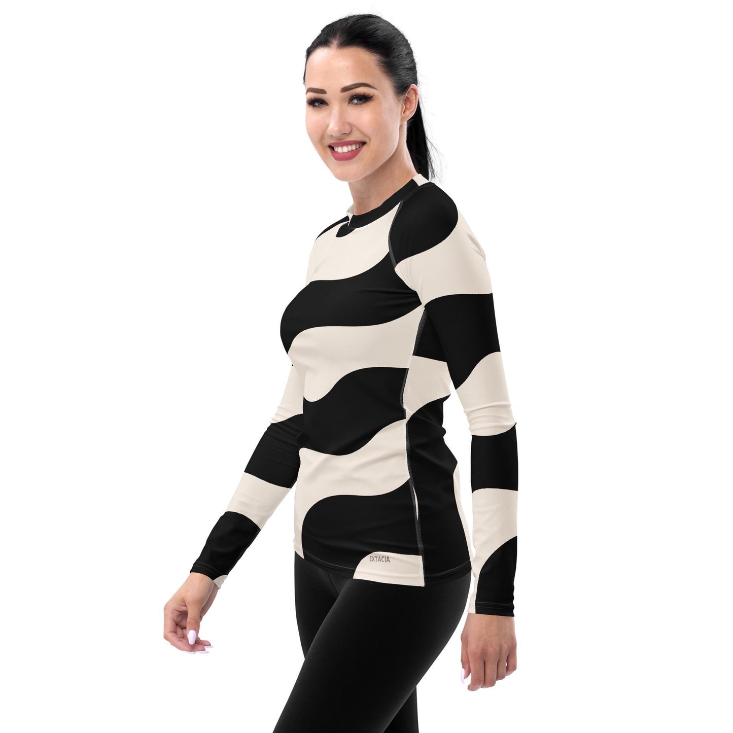 Rash guard pour femme – Beige & Noir – Anti-UV*, séchage rapide, respirant – Graphique Minimaliste