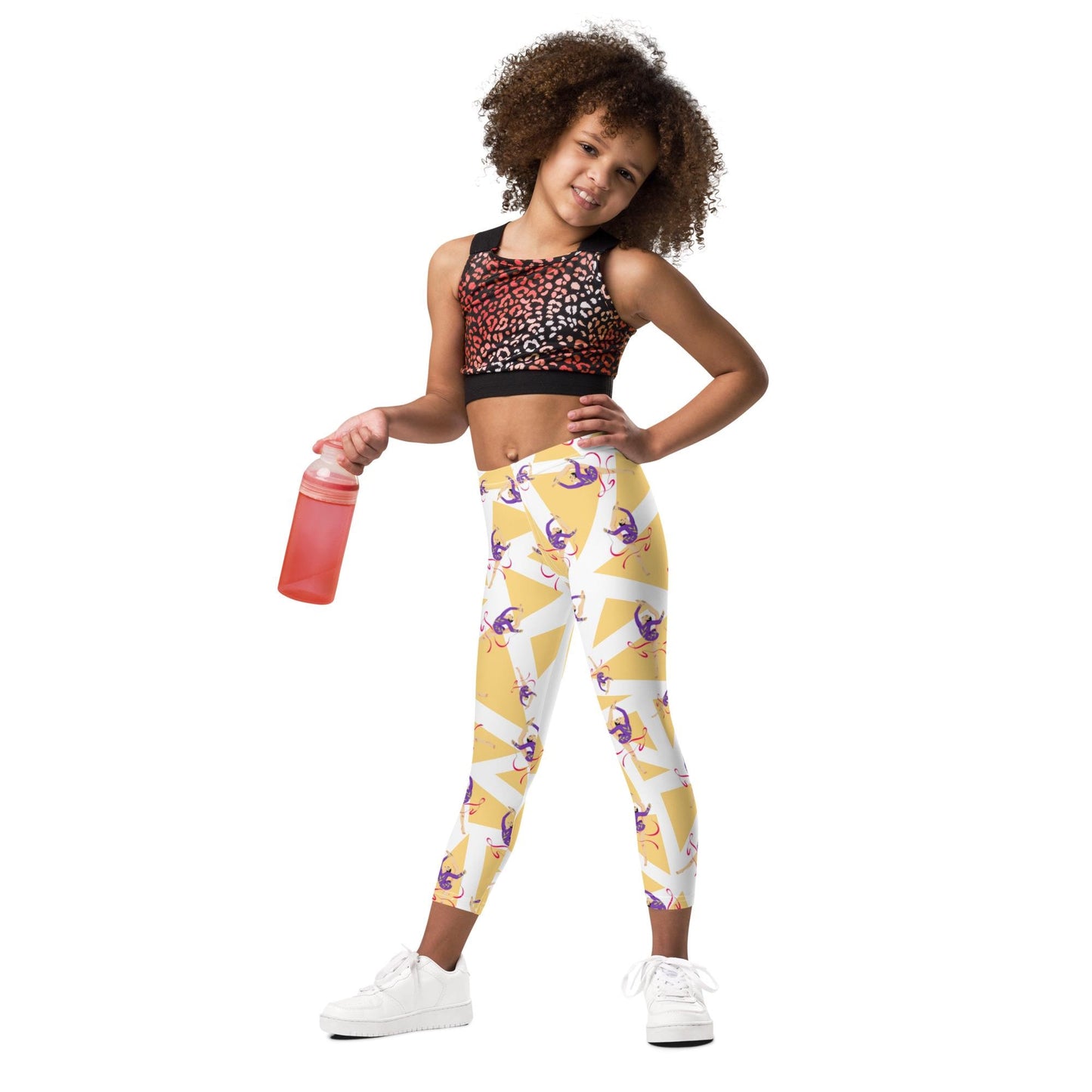 Legging pour petite fille – Blanc & Jaune – Doux, extensible, toutes saisons – Motif Gymnaste Danseuse