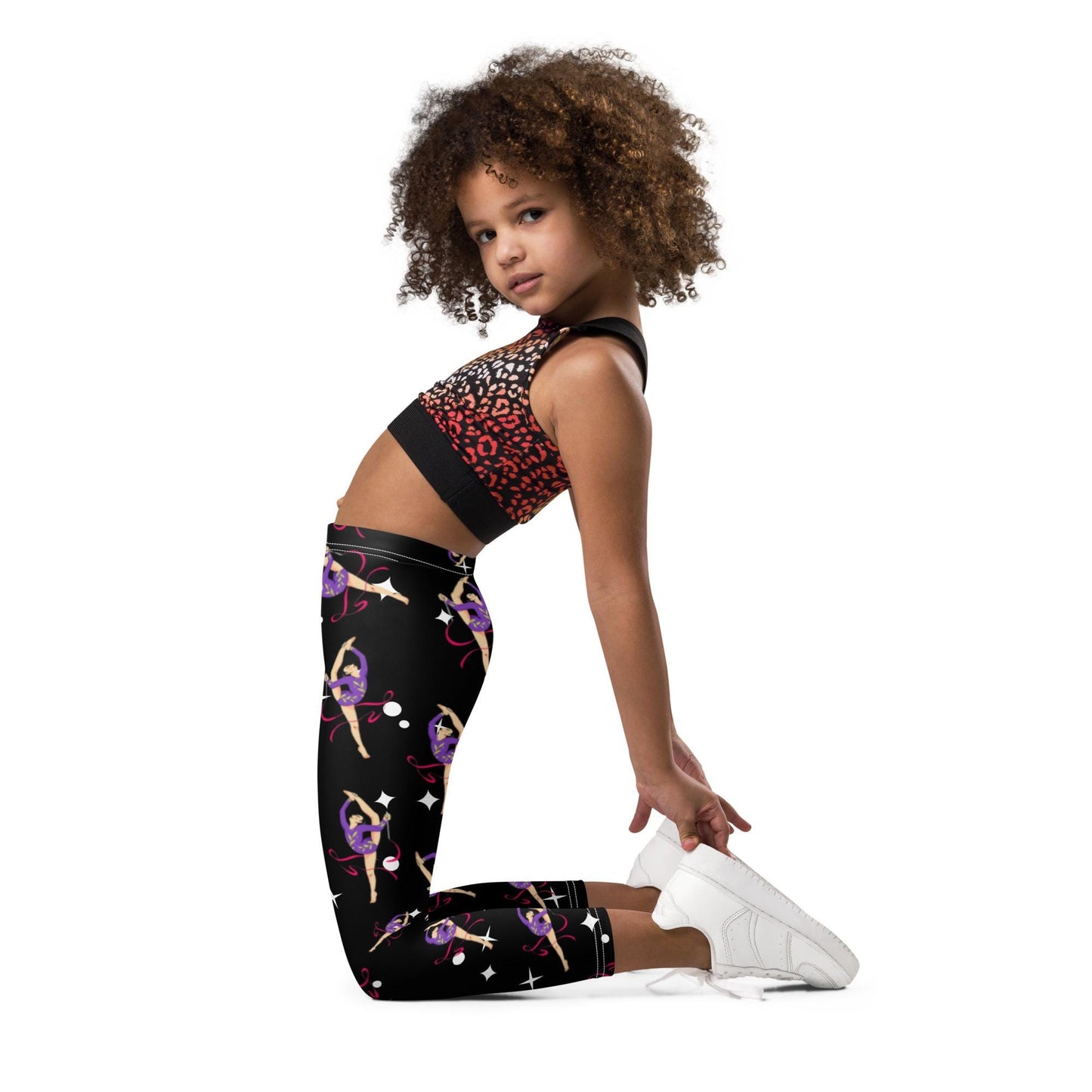 Legging pour petite fille – Noir Etoilé – Doux, extensible, toutes saisons – Motif Gymnaste Danseuse