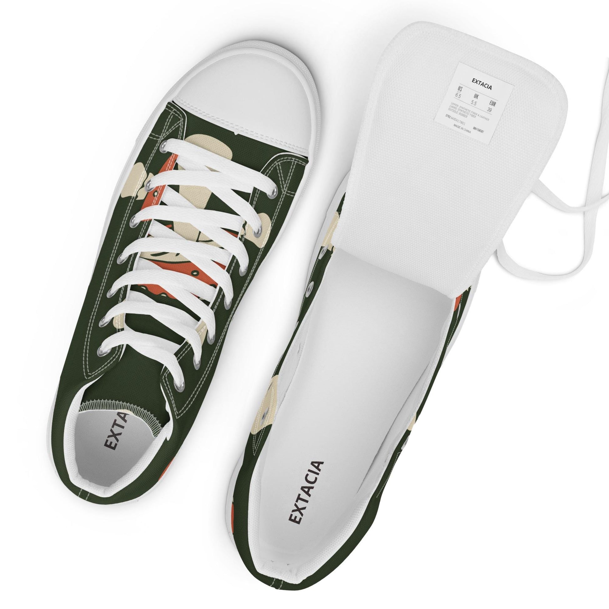 Baskets montantes homme - Vert, imprimé - semelle blanche – vue de dessus, œillets et languette