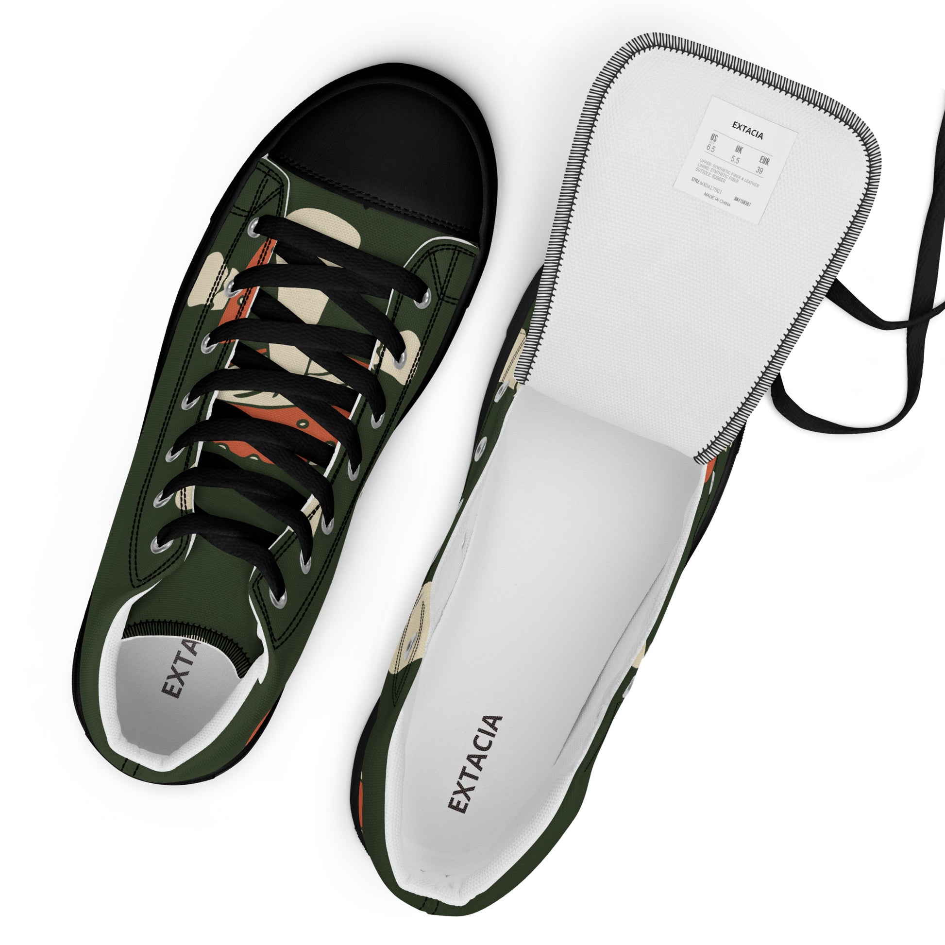 Baskets montantes homme - Vert, imprimé - semelle noire – vue de dessus, œillets et languette