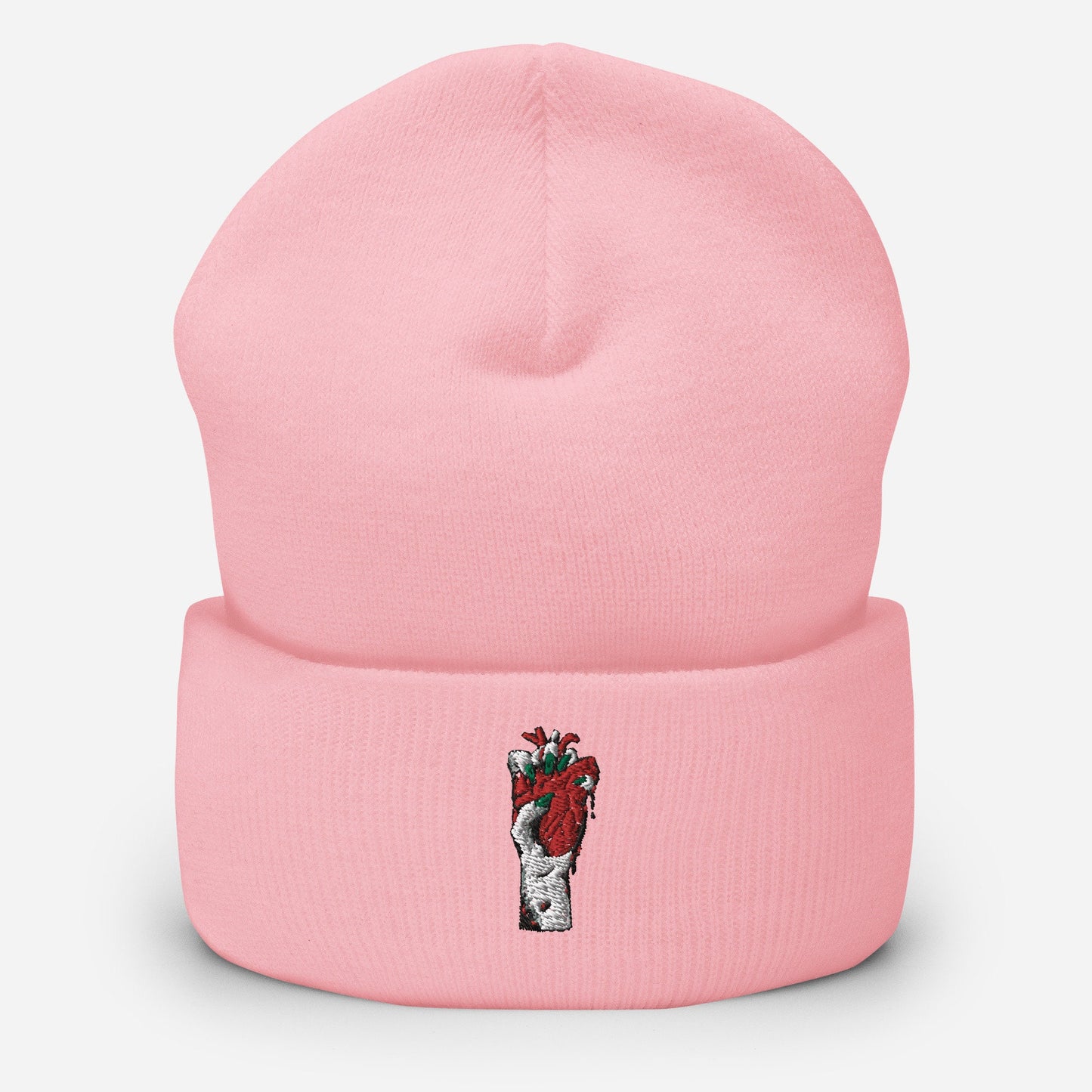 Bonnet unisexe à revers – vue de face, maille douce et chaude - rose - Coeur déjà pris