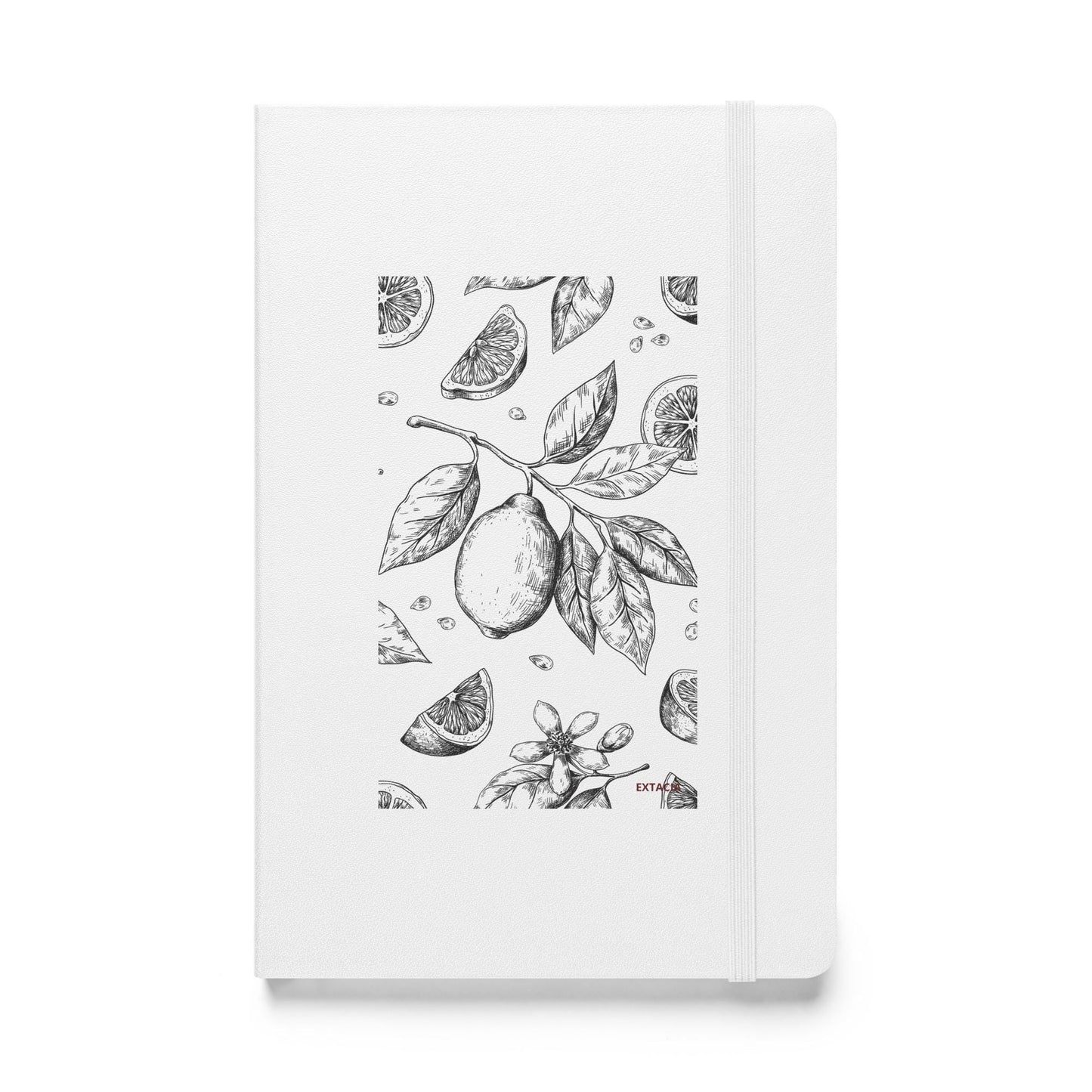 Carnet à couverture rigide vue de face, design minimal - A5 – blanc - citronnier noir & blanc