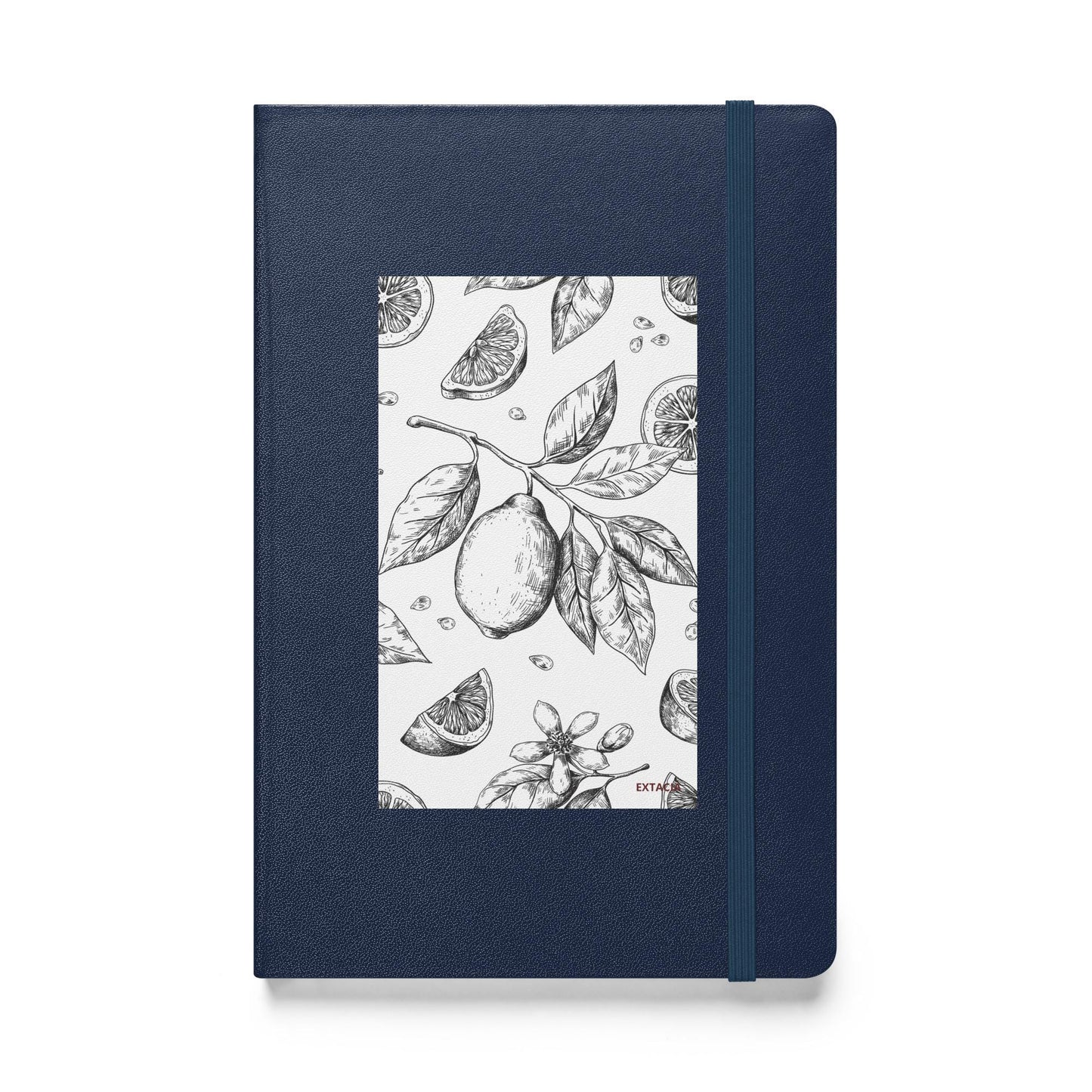Carnet à couverture rigide vue de face, design minimal - A5 – bleu marine - citronnier noir & blanc