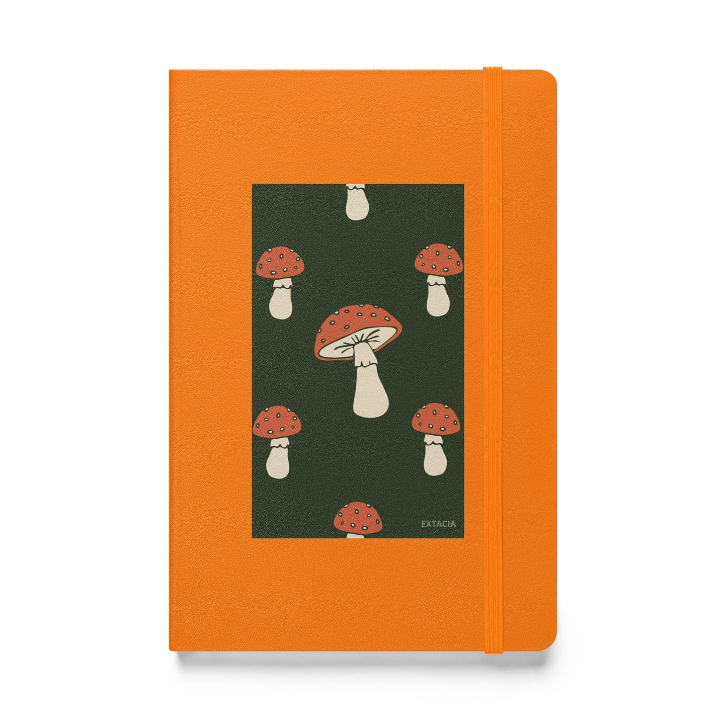 Carnet à couverture rigide vue de face, design minimal - Vert champignon - orange