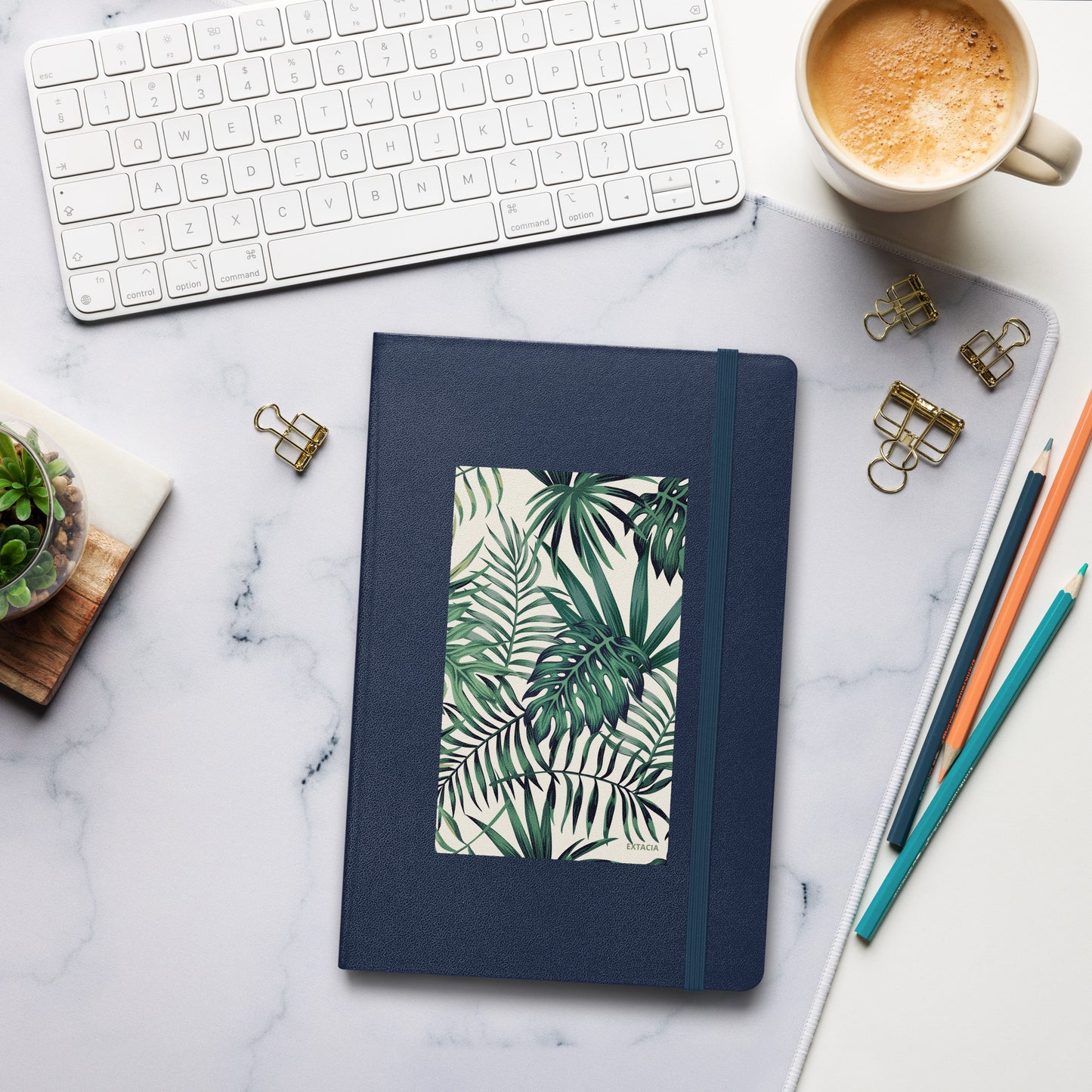 Carnet en situation : bureau/école/maison - bleu marine - A5 – Nature tropicale - plante