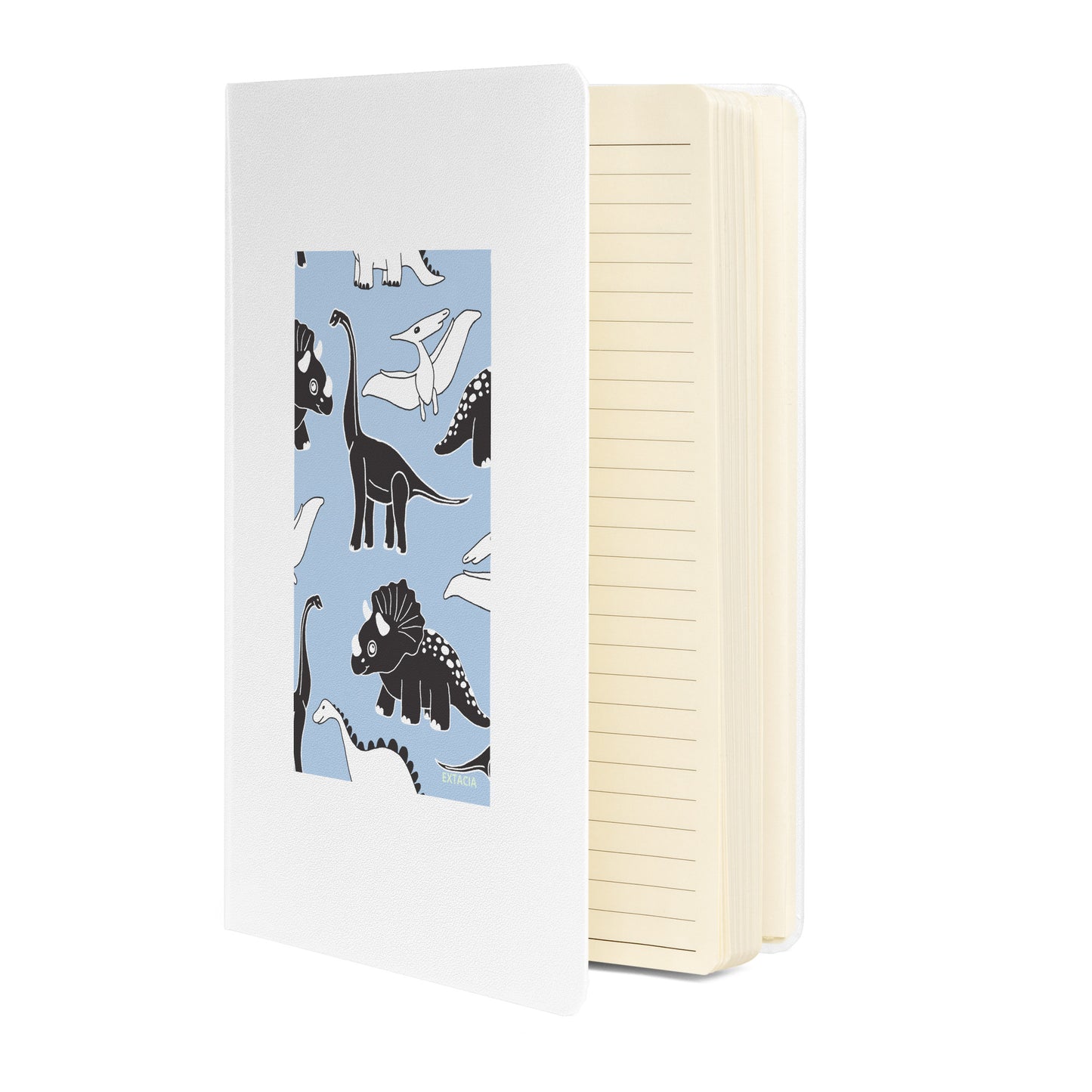 Carnet  – vue de 3/4, tranche et reliure durable - blanc - A5 – Bleu dinosaures