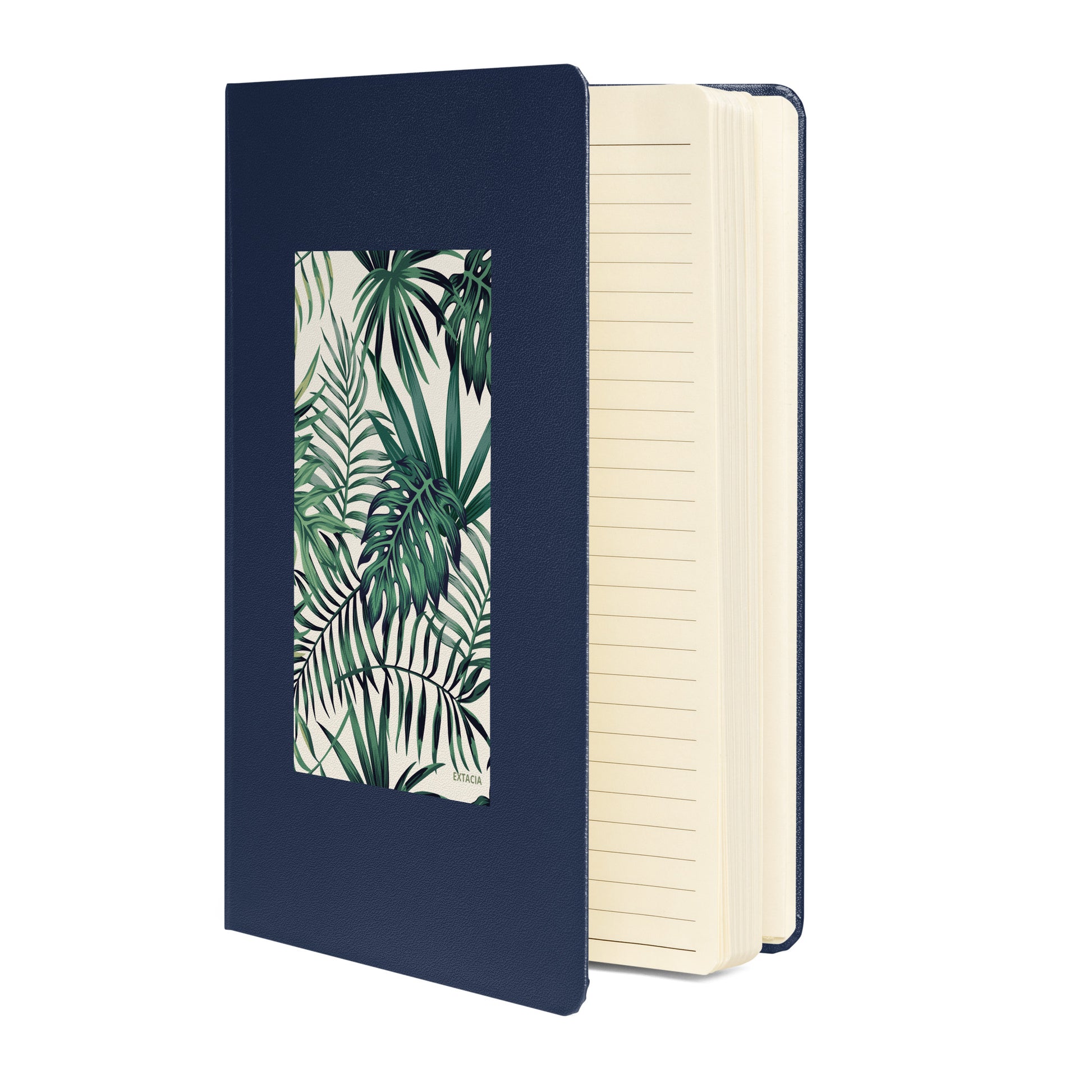 Carnet  – vue de 3/4, tranche et reliure durable - bleu marine - A5 – Nature tropicale - plante