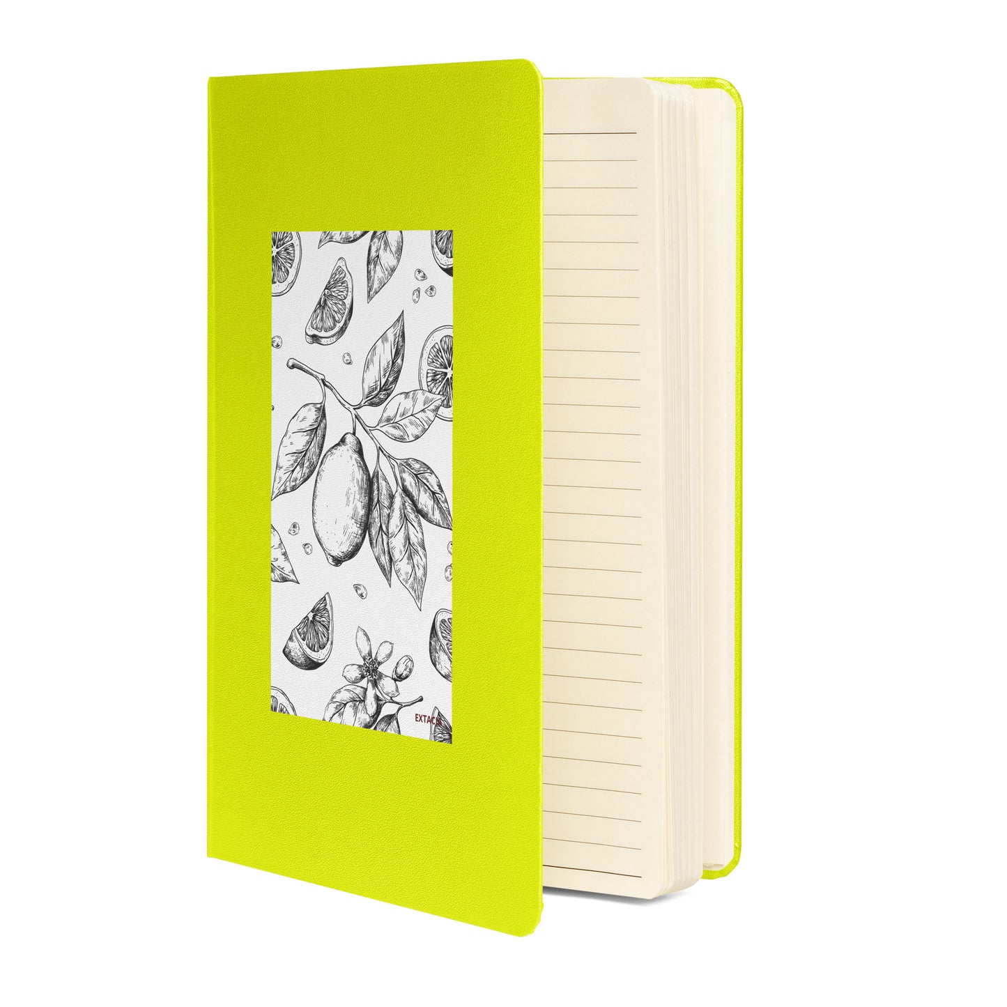 Carnet  – vue de 3/4, tranche et reliure durable - citron - A5 – citronnier noir & blanc