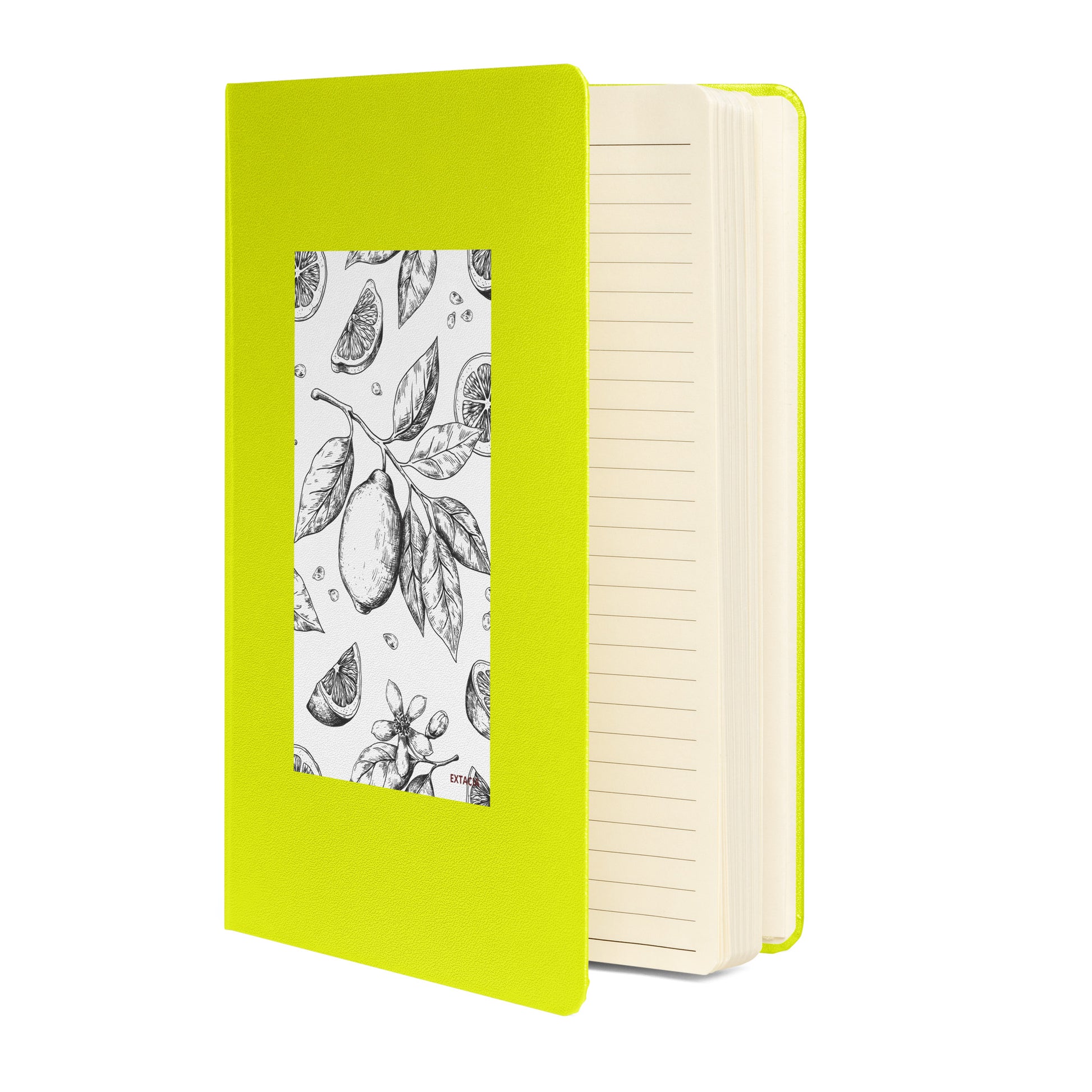 Carnet  – vue de 3/4, tranche et reliure durable - citron - A5 – citronnier noir & blanc