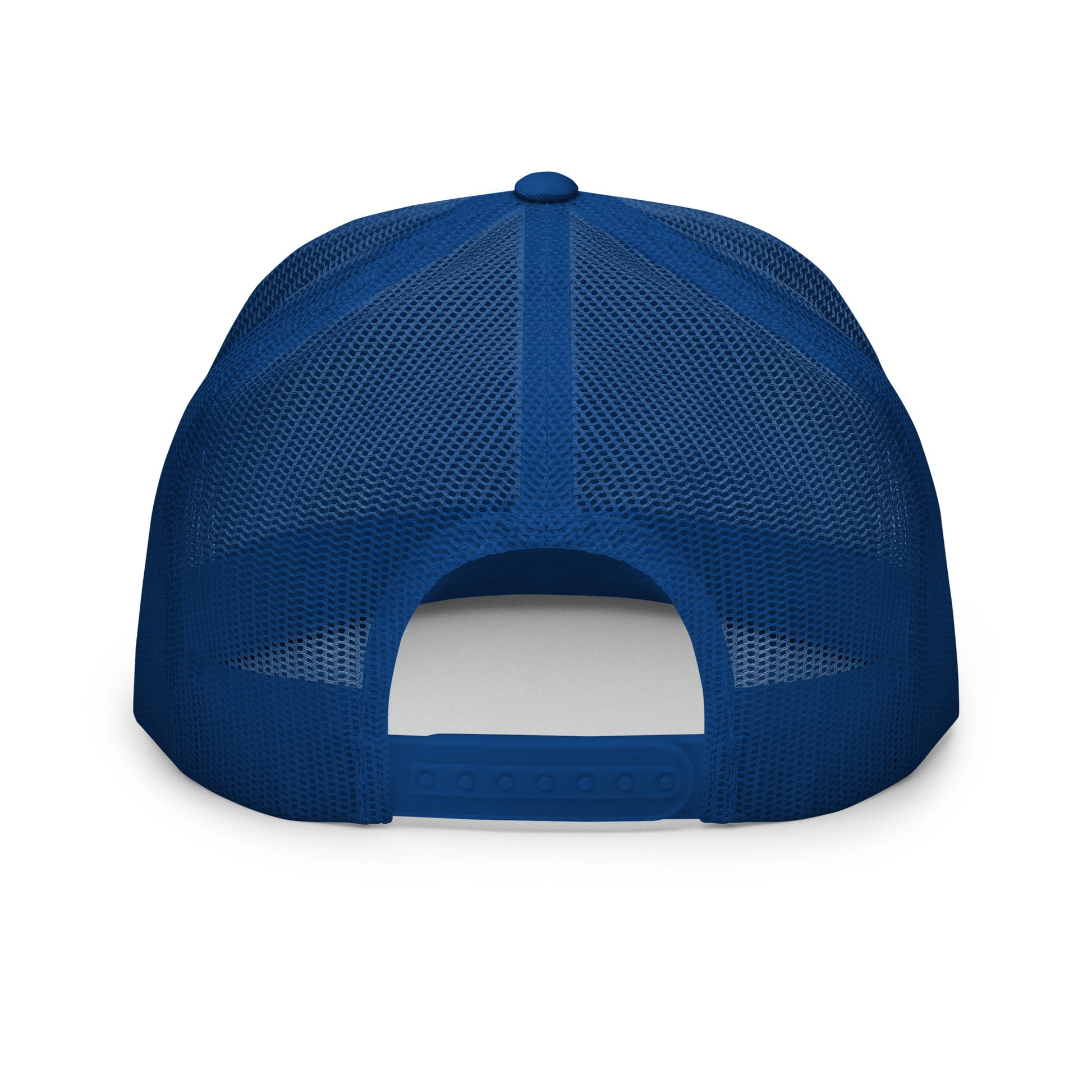 Casquette trucker  – vue de dos, réglage snapback - bleu royal blanc bleu royal motif brode coeur deja pris