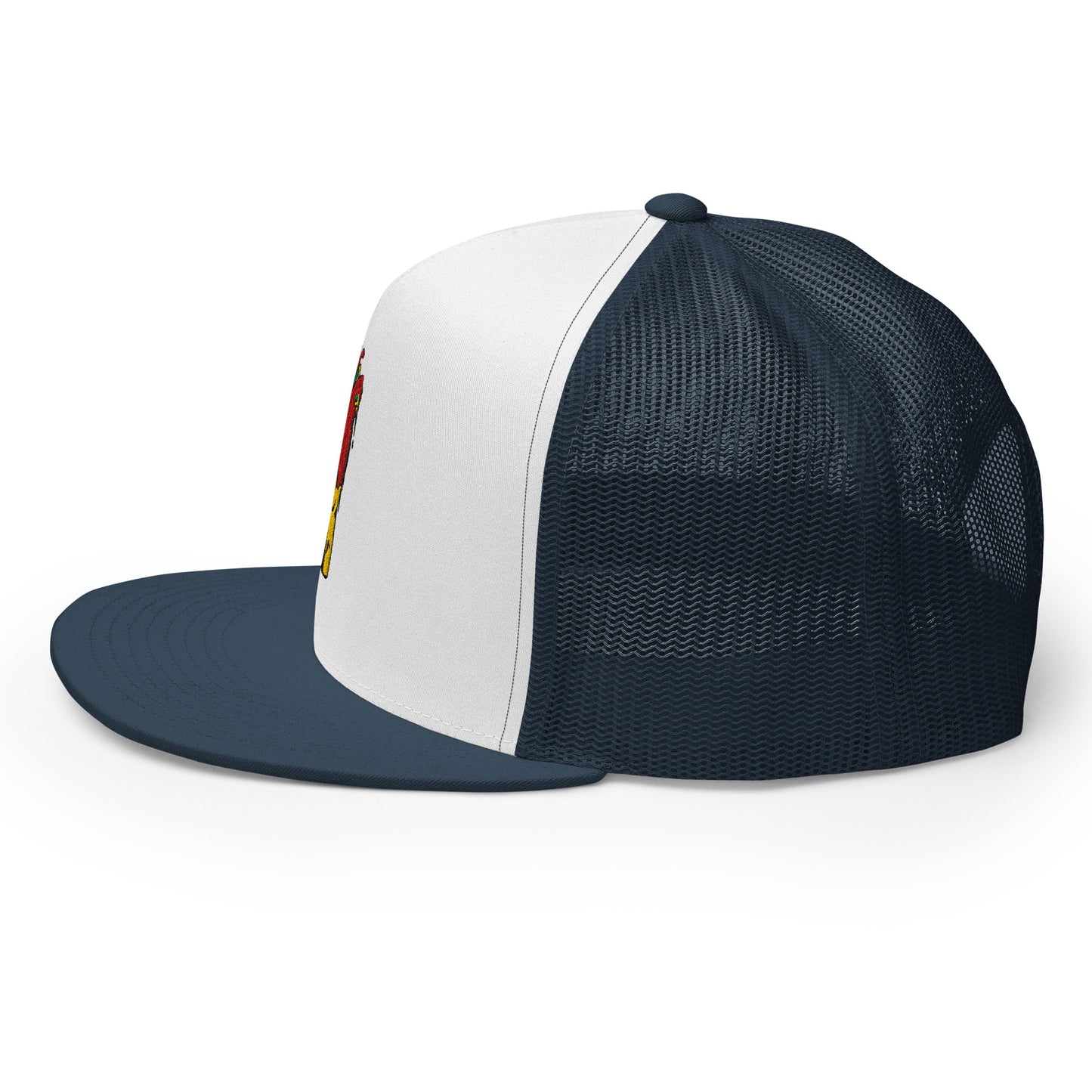 Casquette trucker – vue de profil, dos en maille filet respirante - bleu marine blanc bleu marine  motif brode coeur deja pris