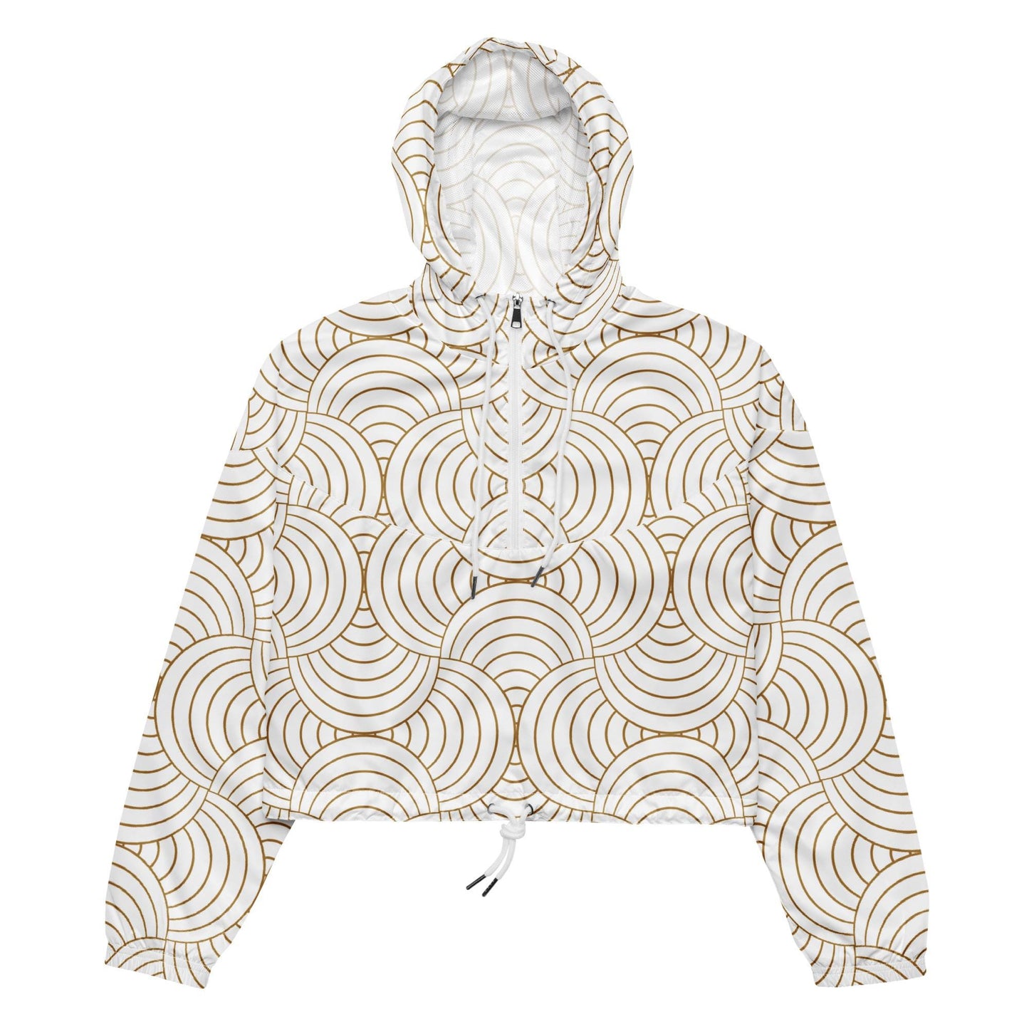 Détail du motif blanc et or et des cordons, tissu technique léger et respirant