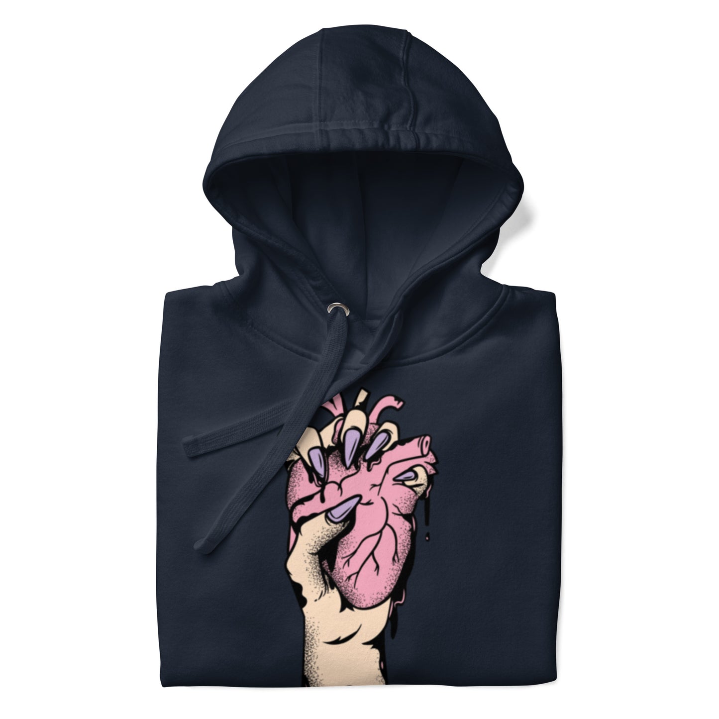 Détail du **motif imprimé** et trame coton, couture propre - bleu marine – Coeur déjà pris, rose