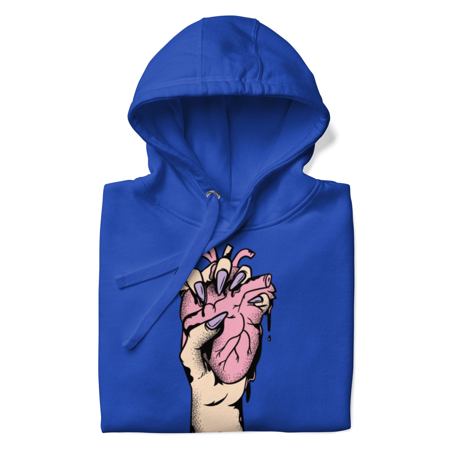 Détail du **motif imprimé** et trame coton, couture propre - bleu royal – Coeur déjà pris, rose