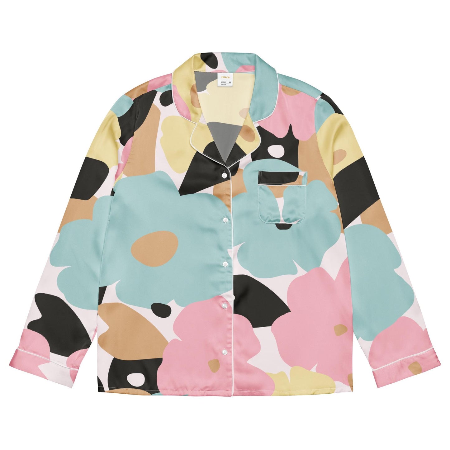 Détail du tissu doux et des coutures, finitions soignées - manches longues - fleuri, pastel