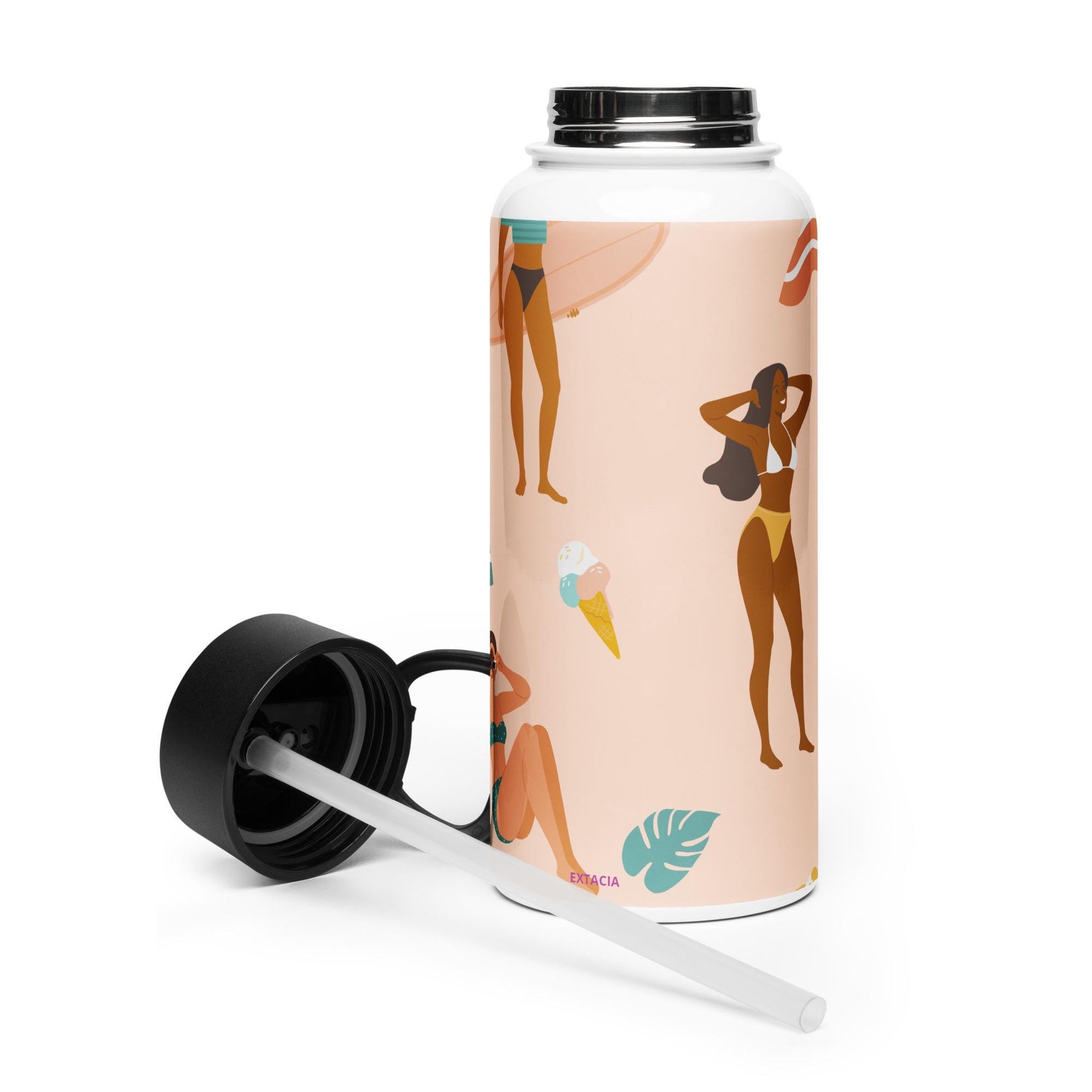 Gourde inox - bouchon avec paille – vue 3/4, base et finition soignée design estival