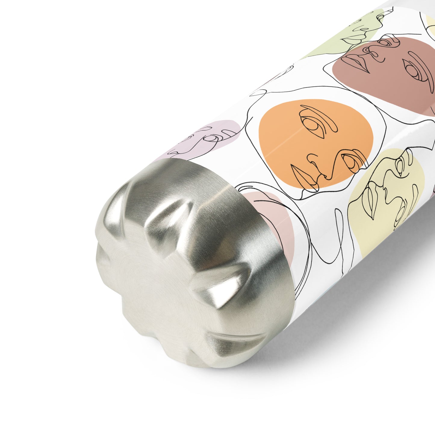 Gourde inox – vue 3/4, base antichoc/finition soignée - calligraphie visages feminins