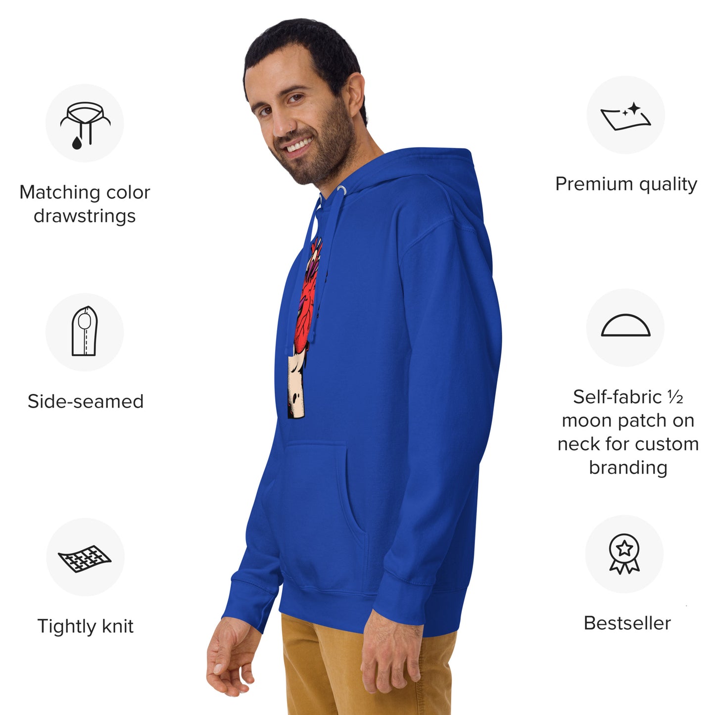 Hoodie – profil, capuche réglable et emmanchures- bleu royal  – Coeur déjà pris, rouge