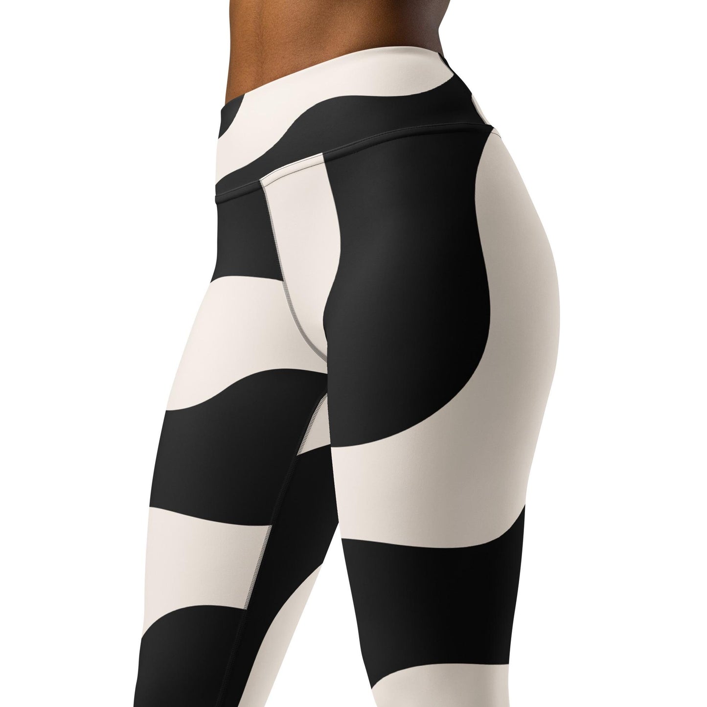 Legging de yoga femme beige et noir à ondulations - imprimé graphique minimaliste - Détail matière extensible et séchage rapide