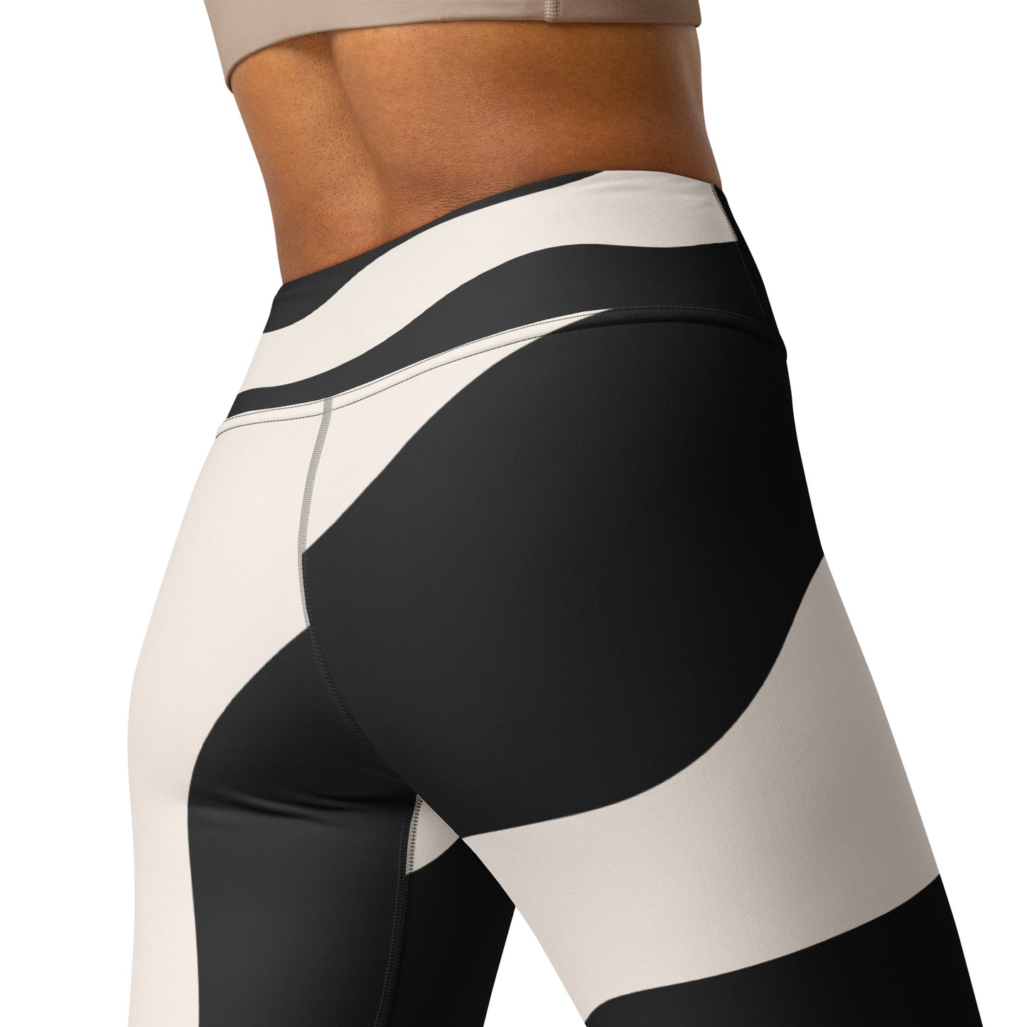 Legging de yoga femme beige et noir à ondulations - imprimé graphique minimaliste  - Ourlets/ceinture, legging