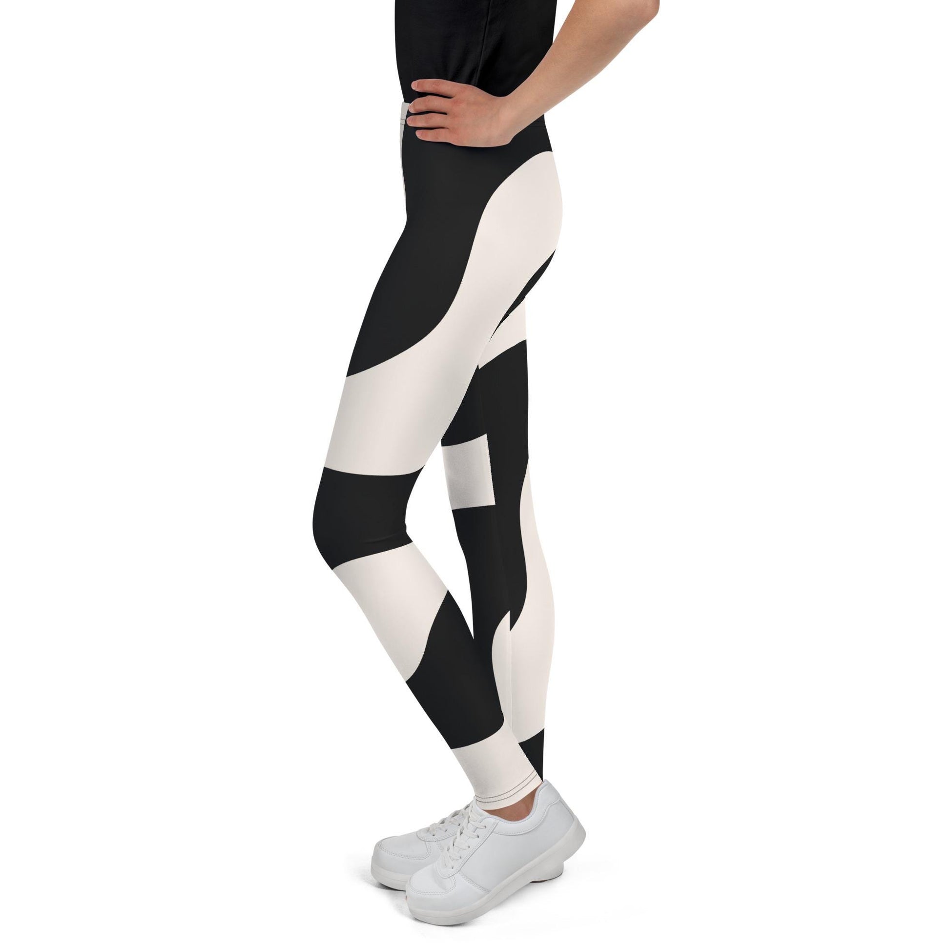 Legging fille ado - beige et noir à ondulations, graphique, minimaliste – Posture d’entraînement – opaque en flexion