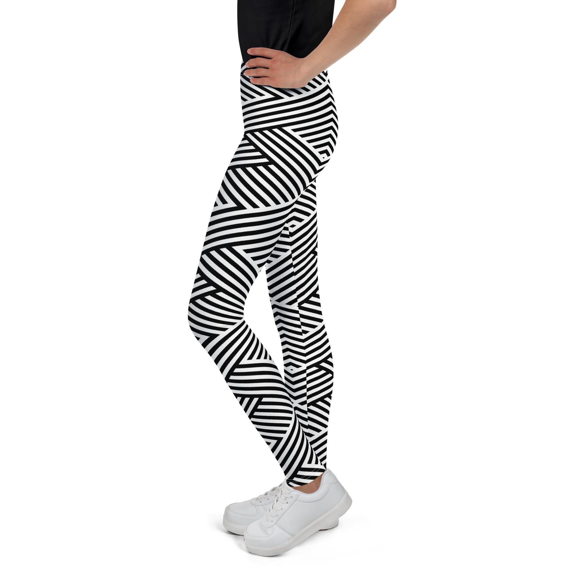 Legging fille ado - blanc et noir à rayures, graphique, minimaliste – Posture d’entraînement – opaque en flexion