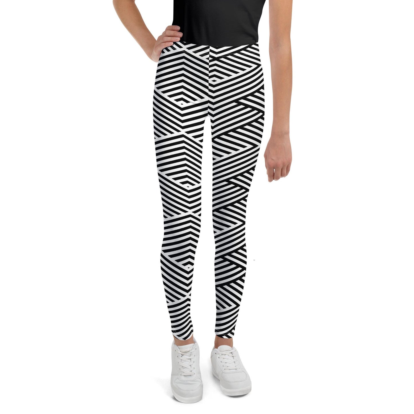 Legging fille ado - blanc et noir à rayures, graphique, minimaliste – vue de face, taille haute et coupe près du corps