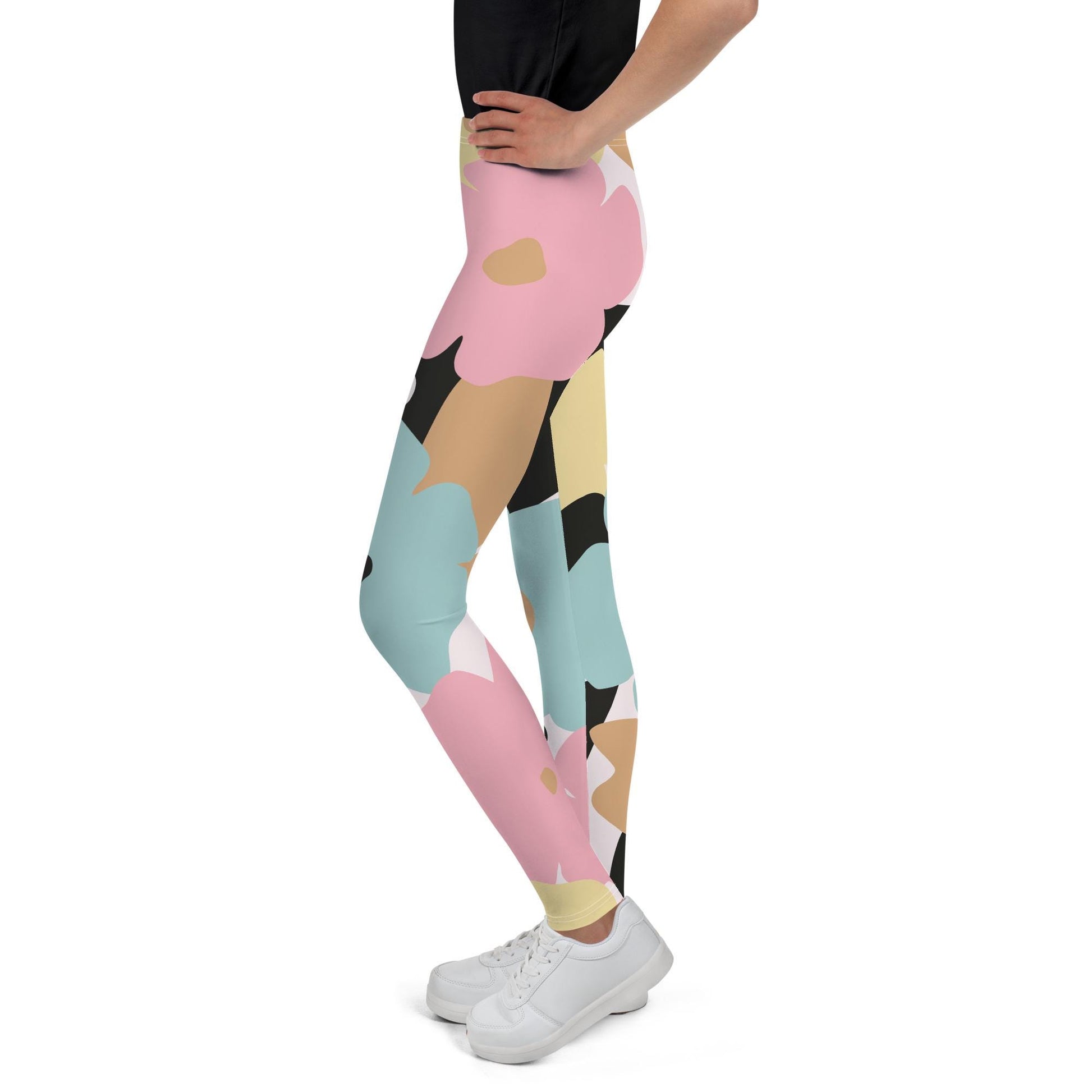 Legging fille ado - fleuri, pastel minimaliste – Posture d’entraînement – opaque en flexion